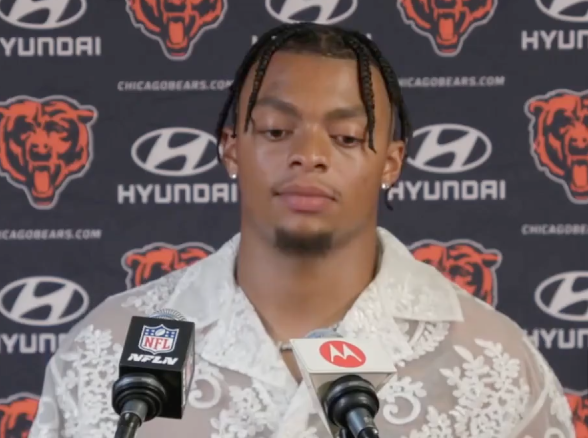 Justin Fields speaks to the media following Sunday's game against the Packers. September 10, 2023. Image via: Chicago Bears on Twitter