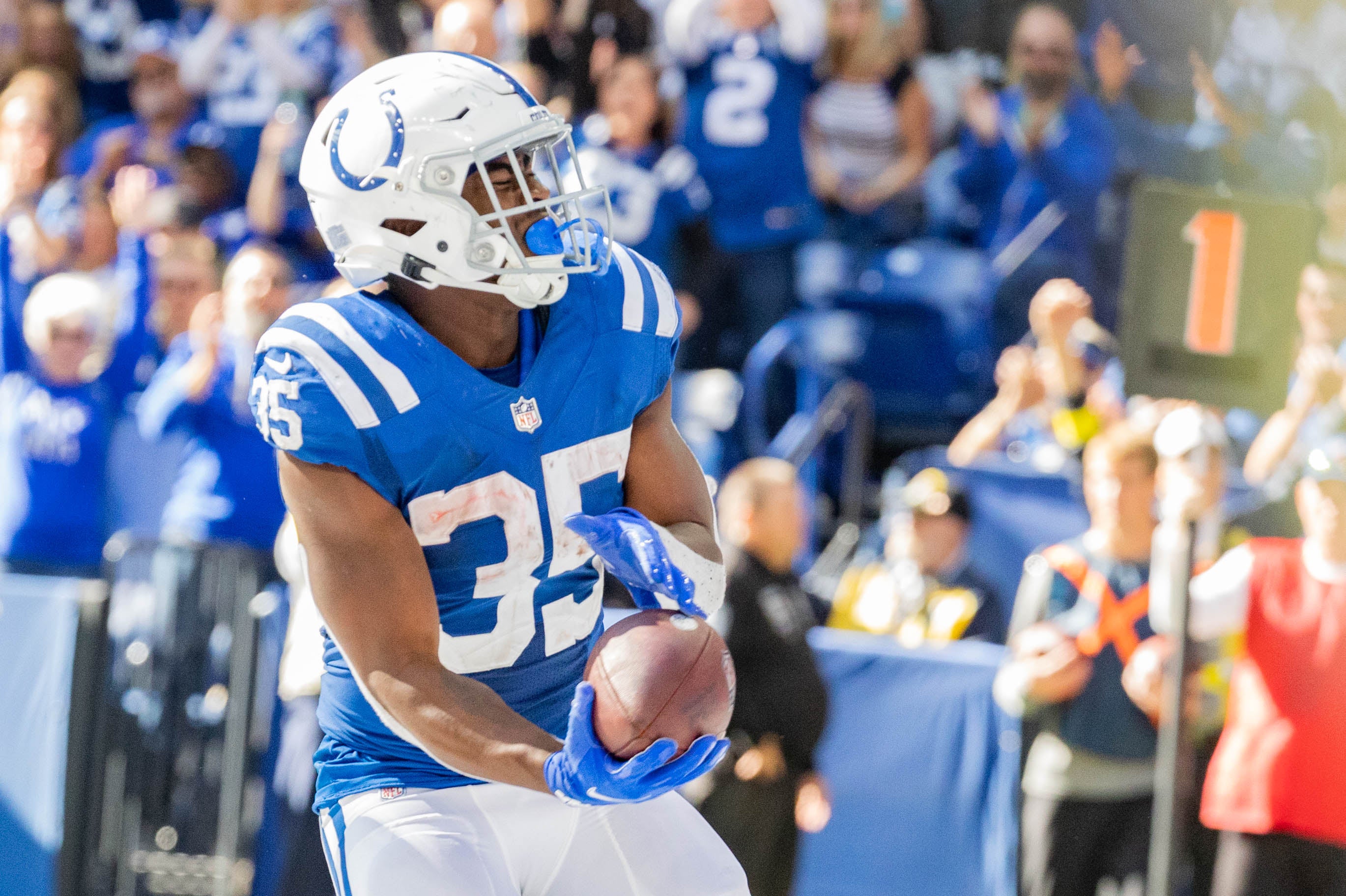 Oct 16, 2022; Indianapolis, Indiana, USA; Indianapolis Colts running back Deon Jackson (35) celebrates his touchdown in the second half against the Jacksonville Jaguars at Lucas Oil Stadium.