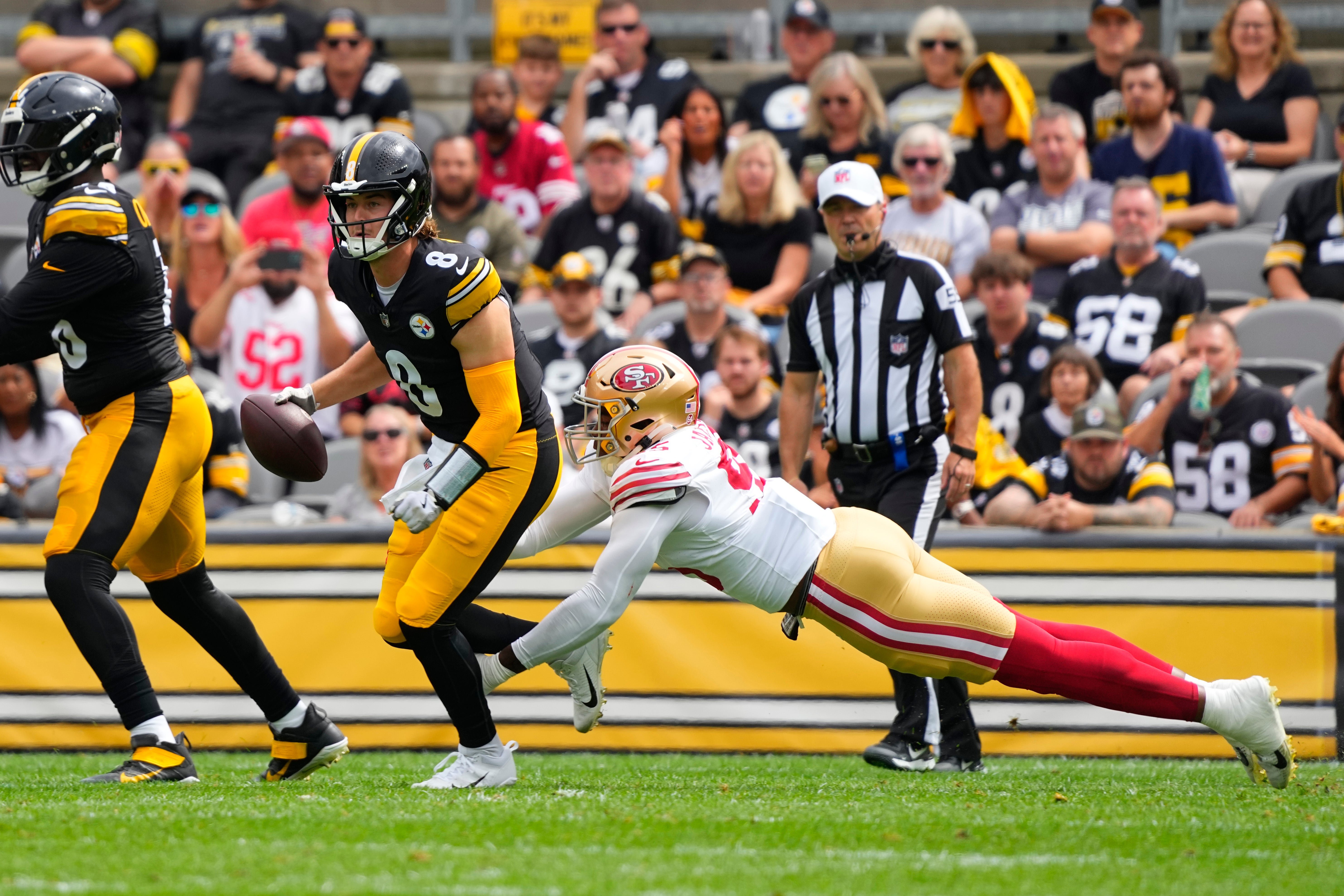 Sep 10, 2023; Pittsburgh, Pennsylvania, USA; San Francisco 49ers defensive end Drake Jackson (95) tackles Pittsburgh Steelers quarterback Kenny.Pickett (8) during the first half at Acrisure Stadium. Mandatory Credit: Gregory Fisher-USA TODAY Sports