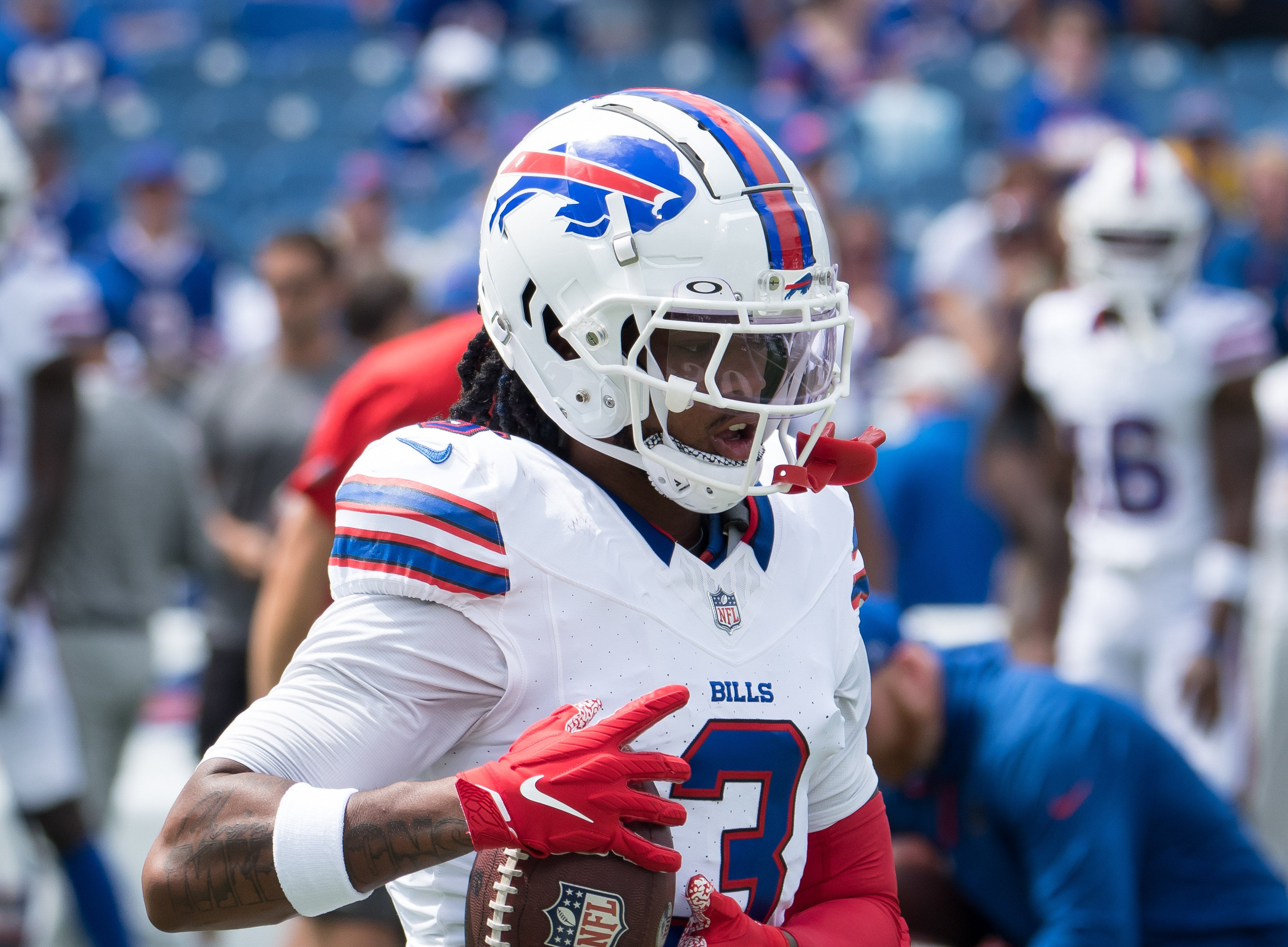 Buffalo Bills safety Damar Hamlin (3) warms up before a pre-season game against the Indianapolis Colts at Highmark Stadium. Mandatory Credit: Mark Konezny-USA TODAY Sports