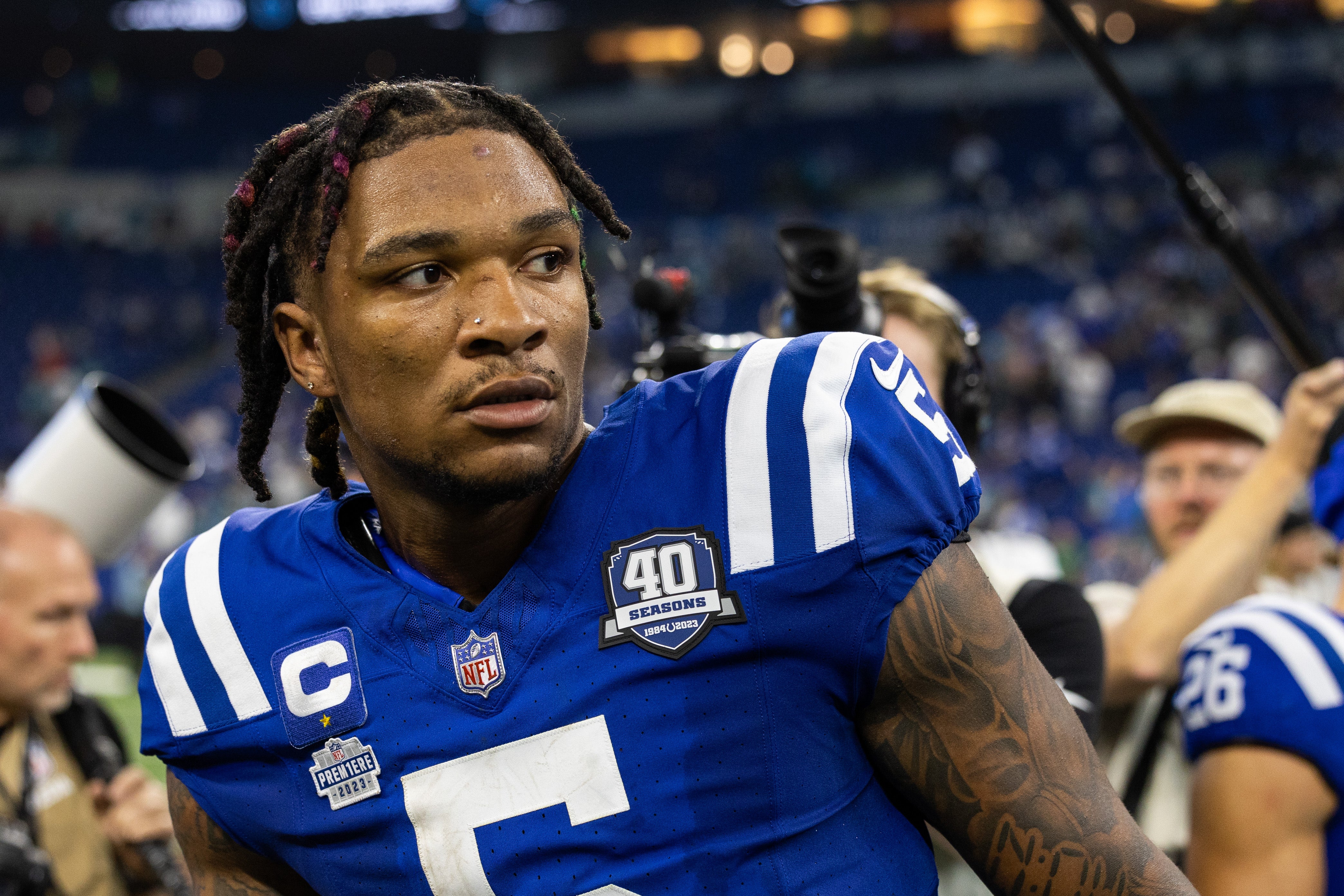 Sep 10, 2023; Indianapolis, Indiana, USA; Indianapolis Colts quarterback Anthony Richardson (5) after the game against the Jacksonville Jaguars at Lucas Oil Stadium.