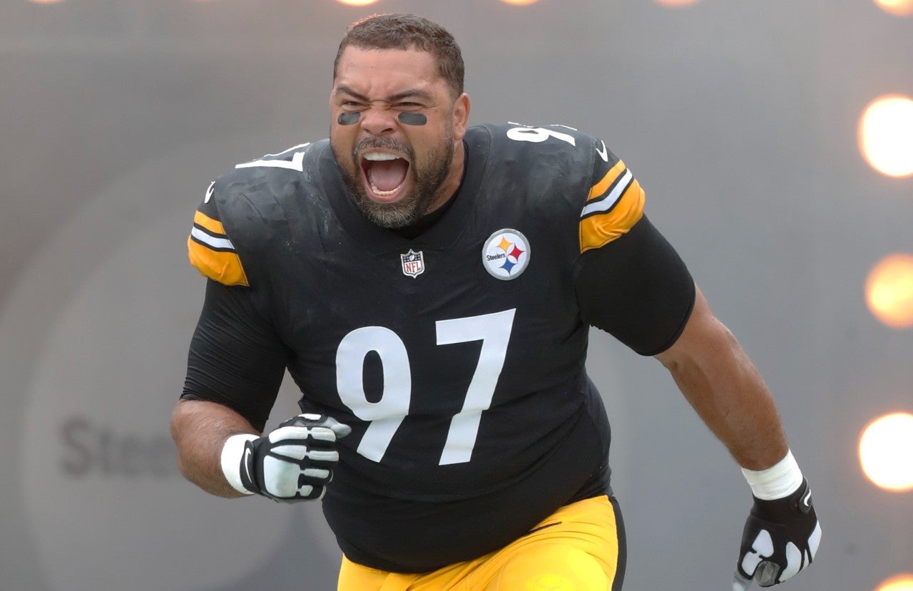Sep 10, 2023; Pittsburgh, Pennsylvania, USA; Pittsburgh Steelers defensive tackle Cameron Heyward (97) reacts as he takes the field to play the San Francisco 49ers at Acrisure Stadium. Mandatory Credit: Charles LeClaire-USA TODAY Sports