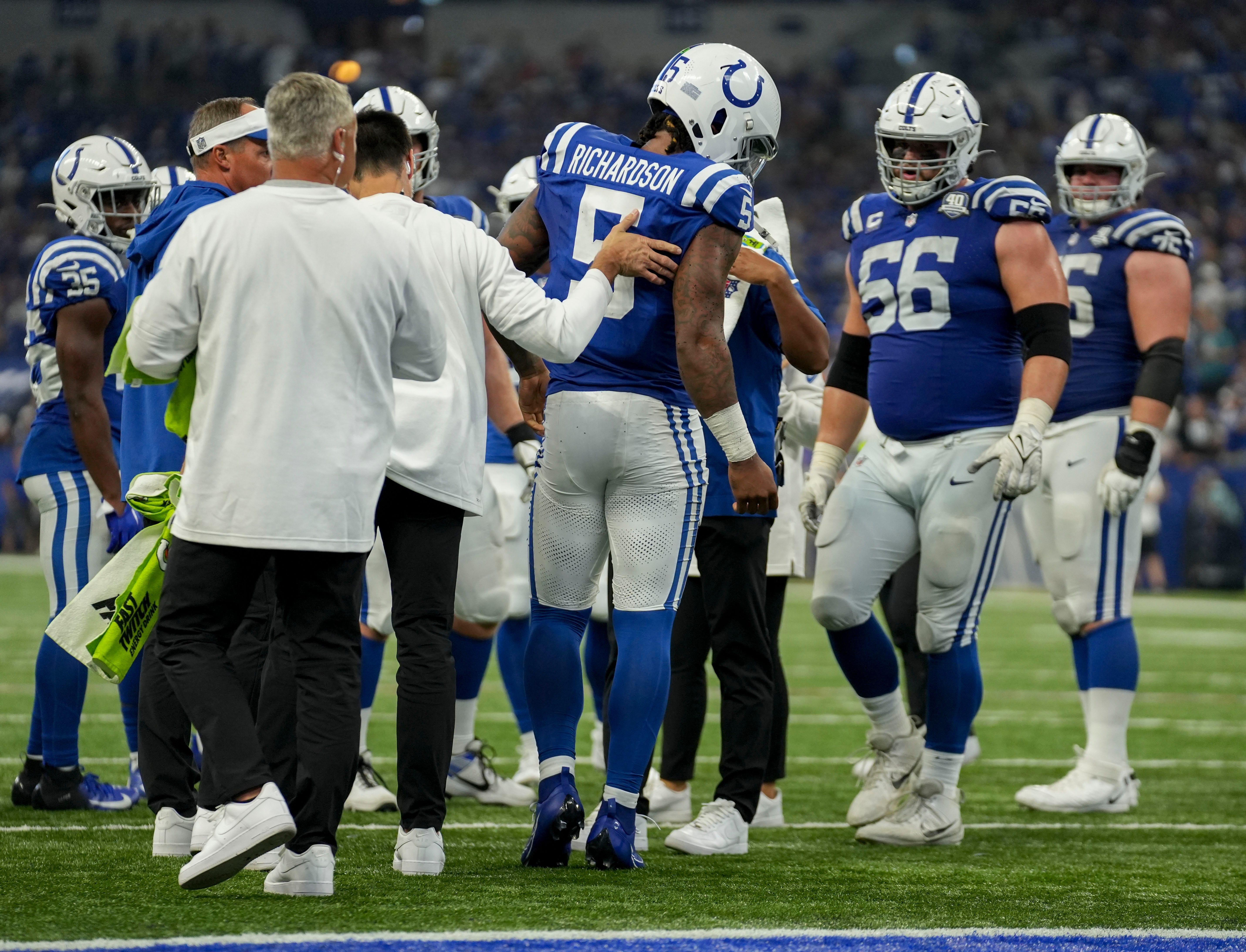 Indianapolis Colts quarterback Anthony Richardson (5) walks off the field after taking a hard hit from Jacksonville Jaguars safety Andre Cisco (5) while diving toward the end zone Sunday, Sept. 10, 2023, during a game against the Jacksonville Jaguars at Lucas Oil Stadium in Indianapolis.