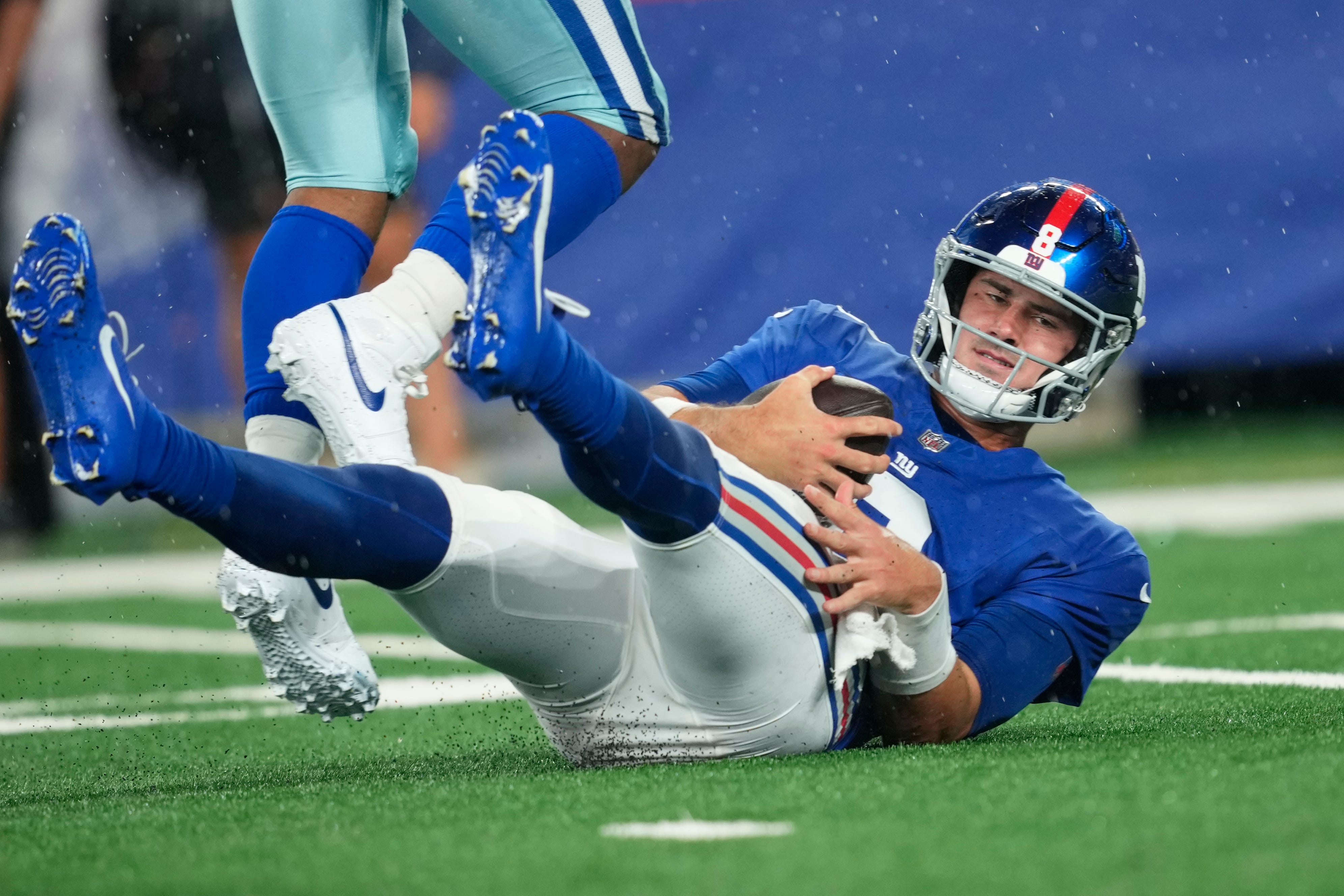 New York Giants quarterback Daniel Jones (8), is shown on the ground after being sacked by Dallas Cowboys linebacker Micah Parsons (not shown) in the first quarter. Sunday, September 10, 2023 Kevin R. Wexler/NorthJersey.com / USA TODAY NETWORK