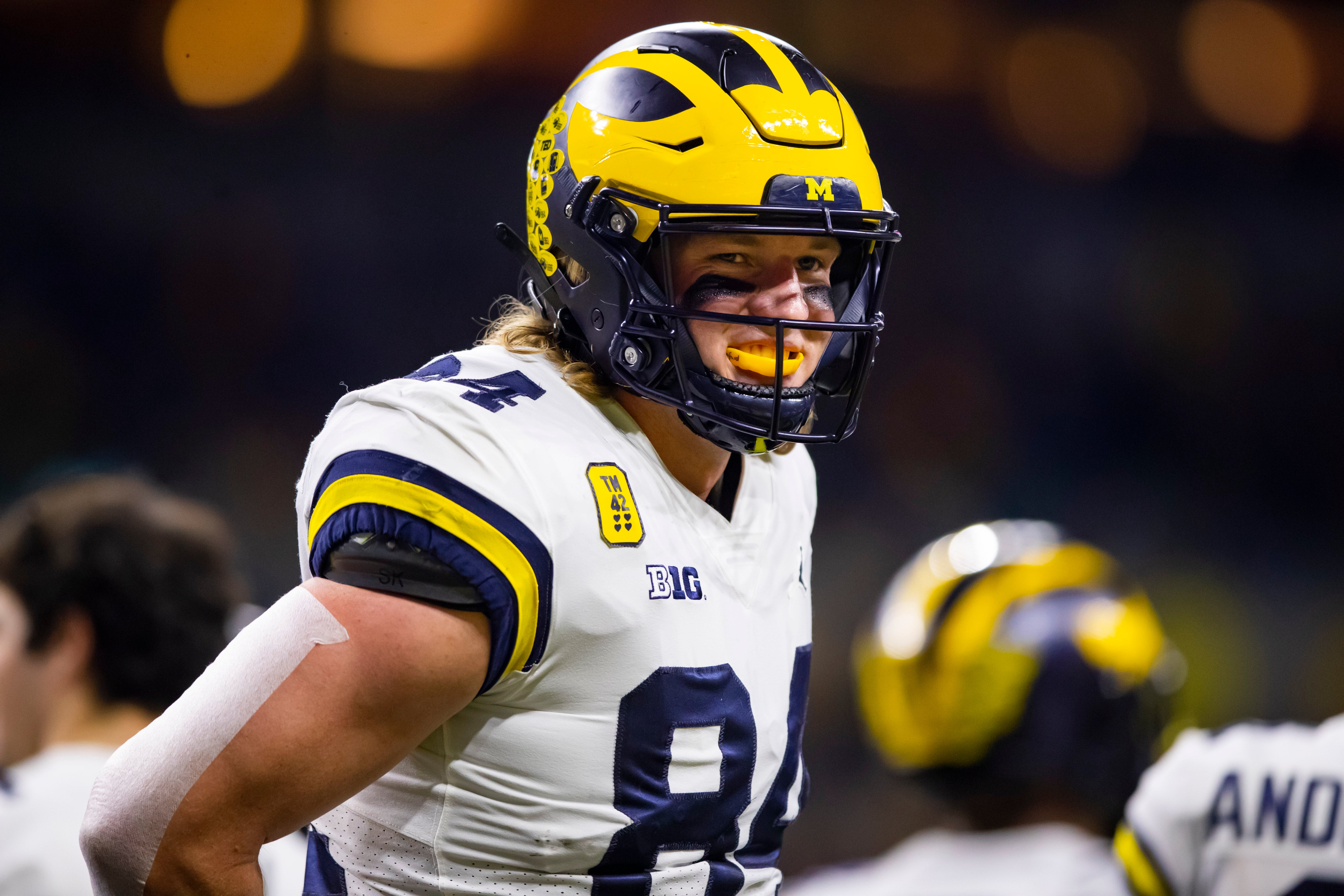 Dec 4, 2021; Indianapolis, IN, USA; Michigan Wolverines tight end Joel Honigford (84) against the Iowa Hawkeyes in the Big Ten Conference championship game at Lucas Oil Stadium.