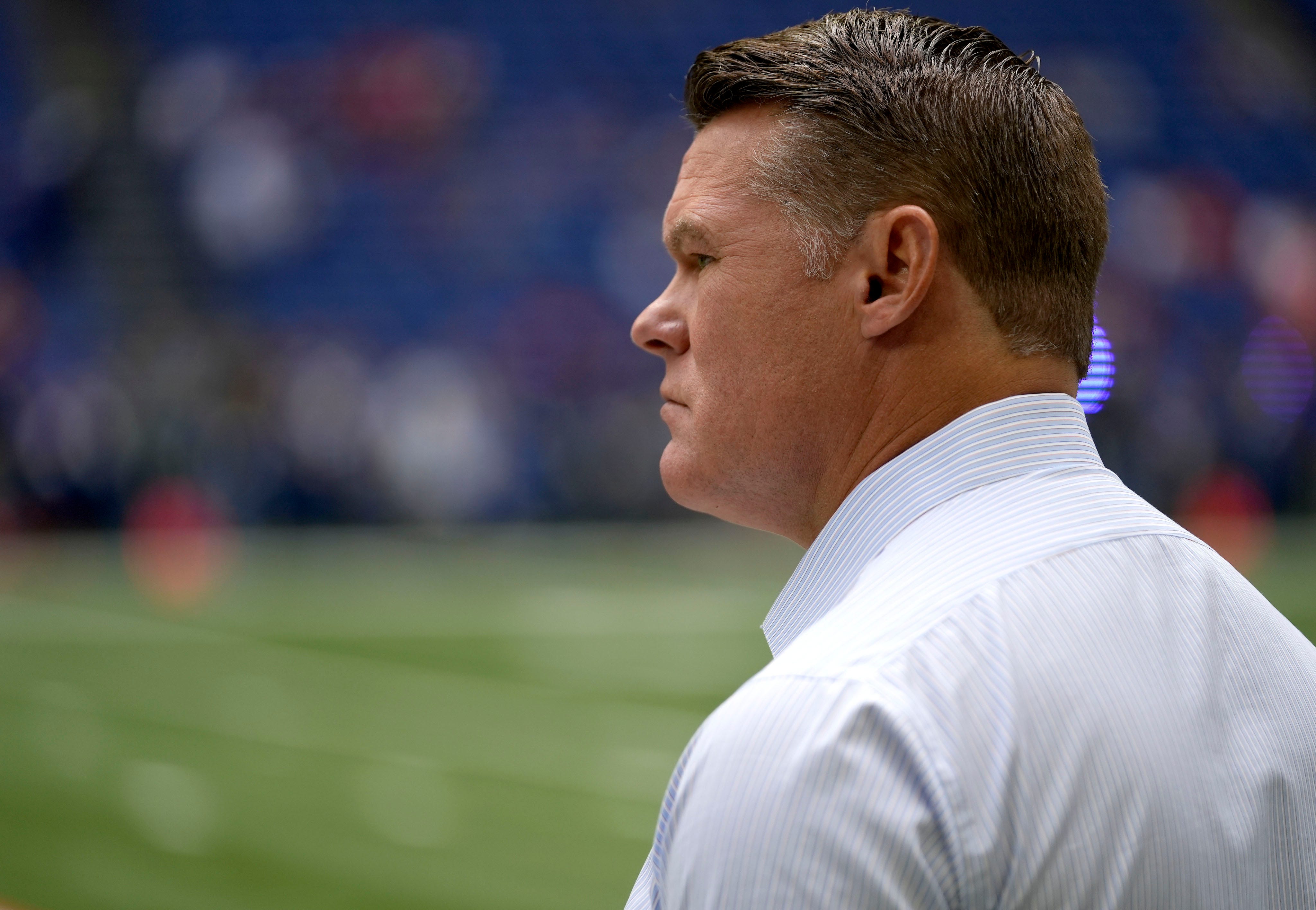 Indianapolis Colts general manager Chris Ballard watches the team warm up Sunday, Sept. 25, 2022, before a game against the Kansas City Chiefs at Lucas Oil Stadium in Indianapolis.