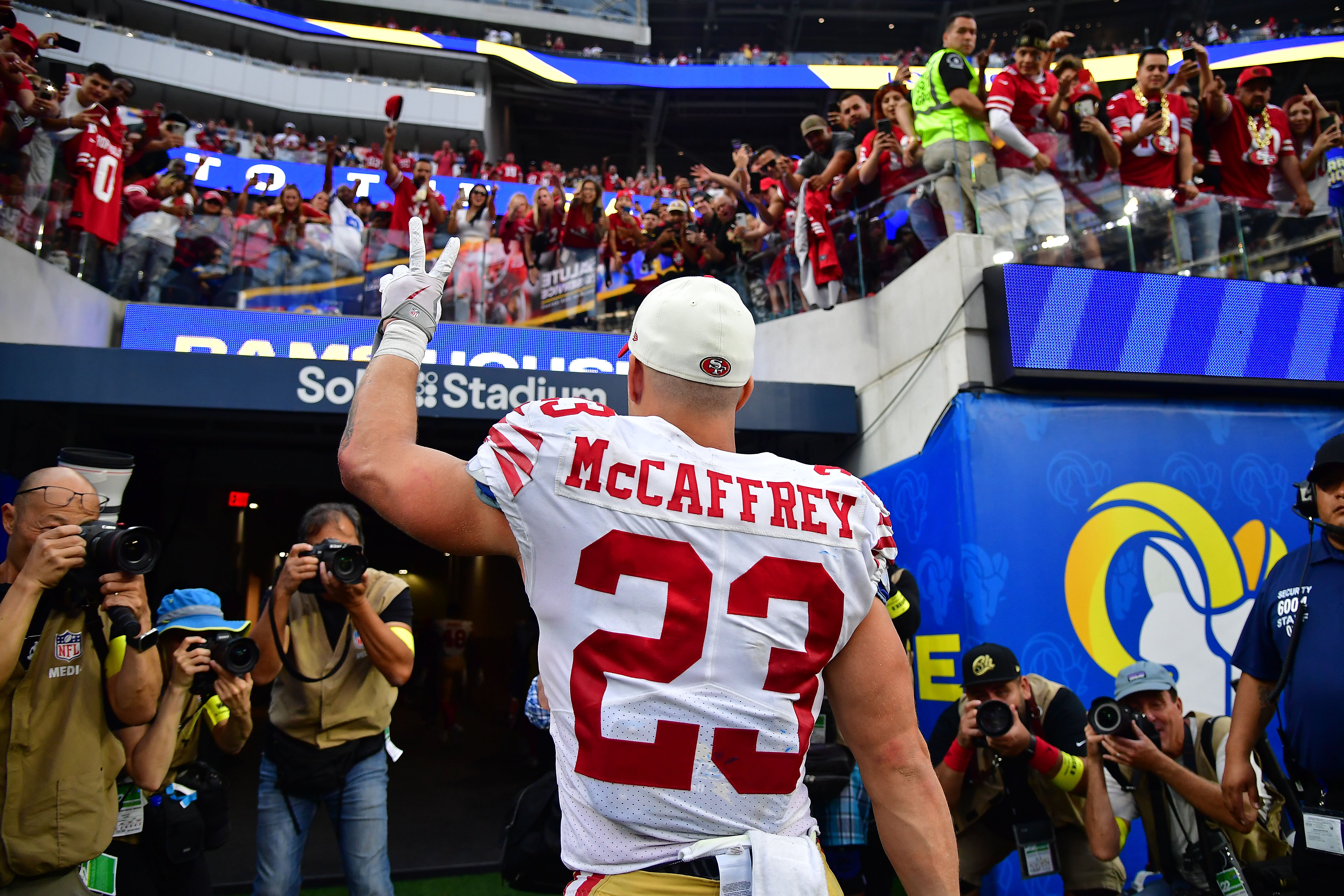 Oct 30, 2022; Inglewood, California, USA; San Francisco 49ers running back Christian McCaffrey (23) celebrates the victory against the Los Angeles Rams at SoFi Stadium. Mandatory Credit: Gary A. Vasquez-USA TODAY Sports