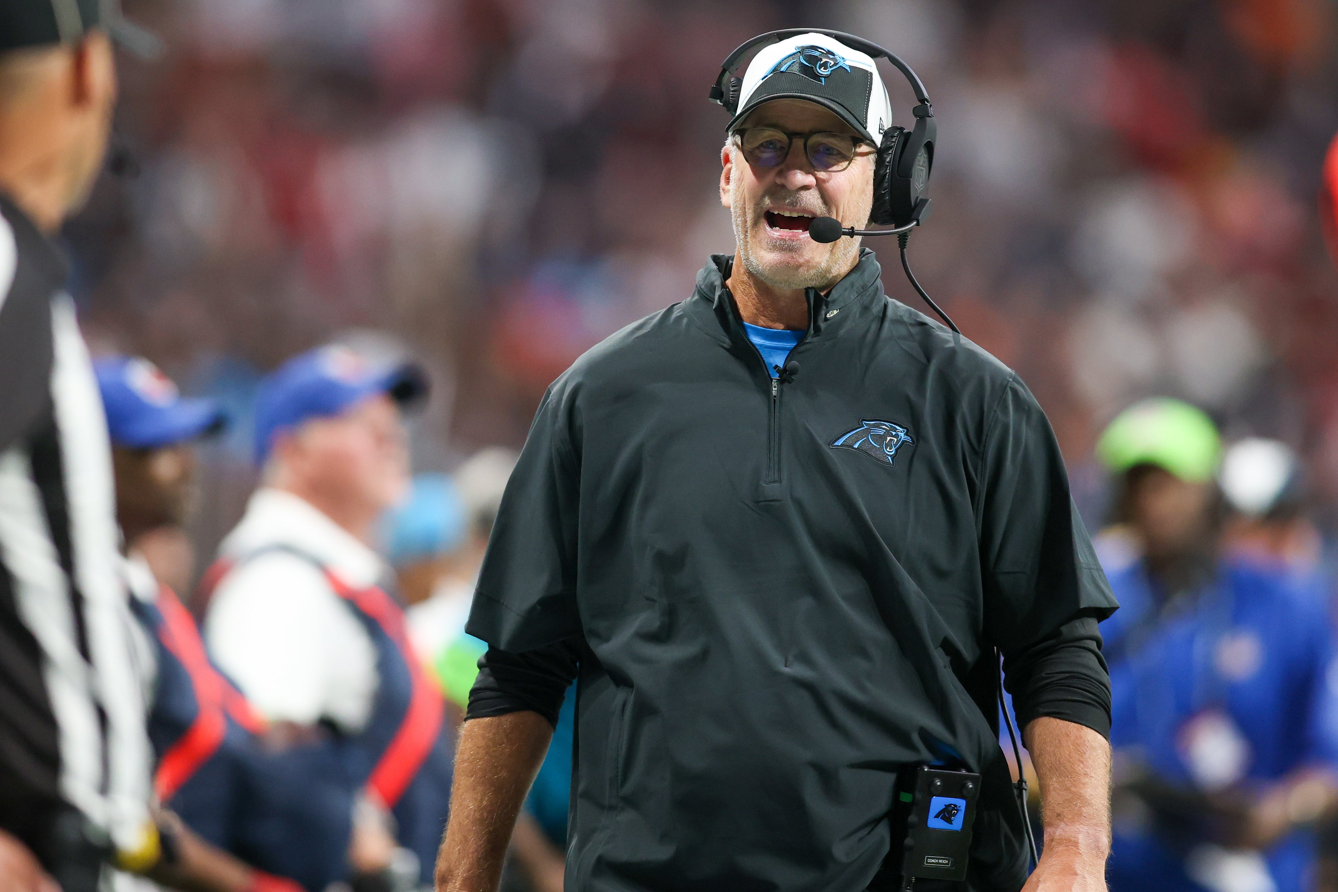 Sep 10, 2023; Atlanta, Georgia, USA; Carolina Panthers head coach Frank Reich on the sidelines against the Atlanta Falcons in the second half at Mercedes-Benz Stadium. Mandatory Credit: Brett Davis-USA TODAY Sports