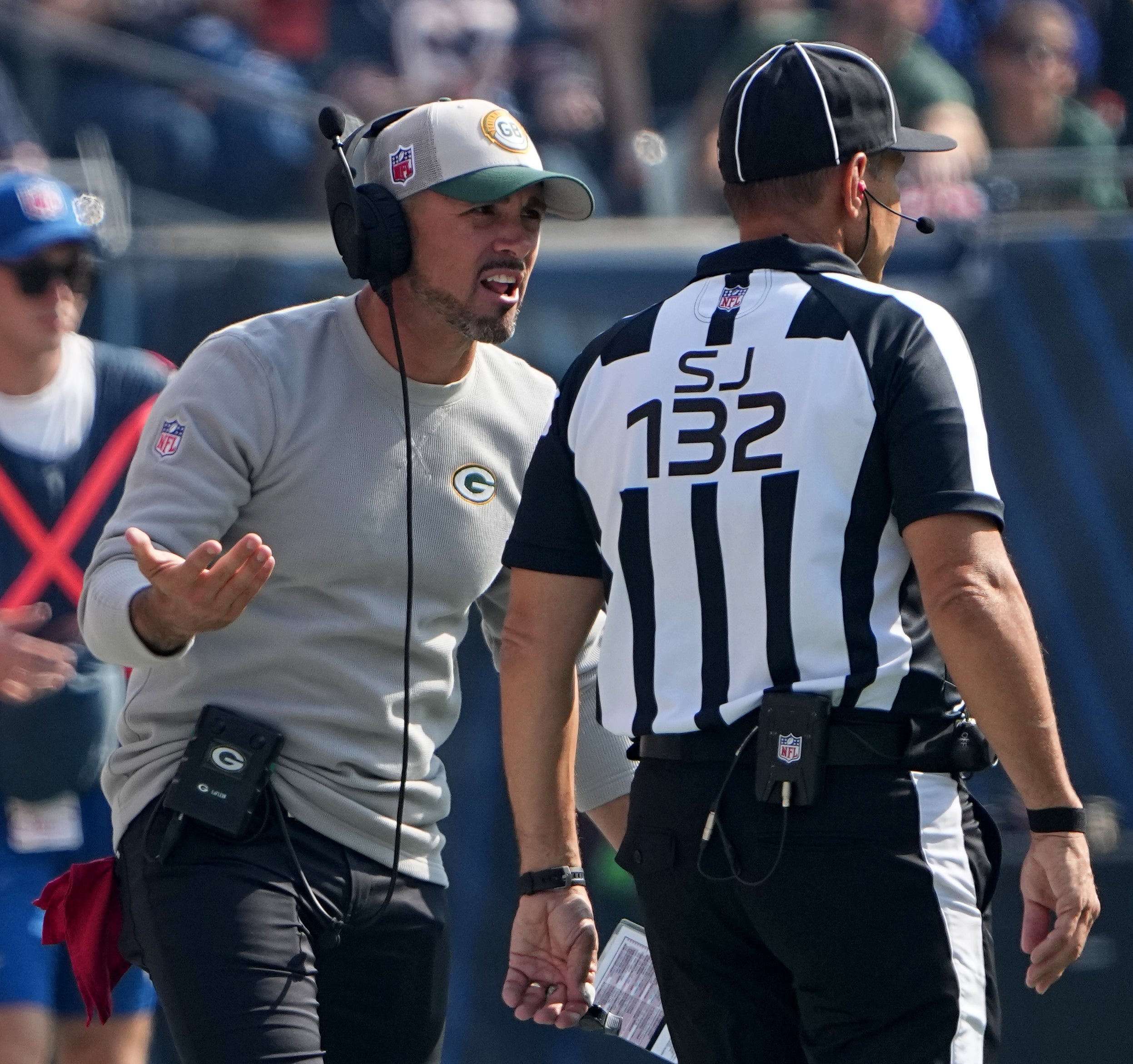 Sep 10, 2023; Chicago, Illinois, USA; Green Bay Packers head coach Matt LaFleur argues a mistaken call during the first quarter of their regular season opening game at Soldier Field. Mark Hoffman-USA TODAY Sports