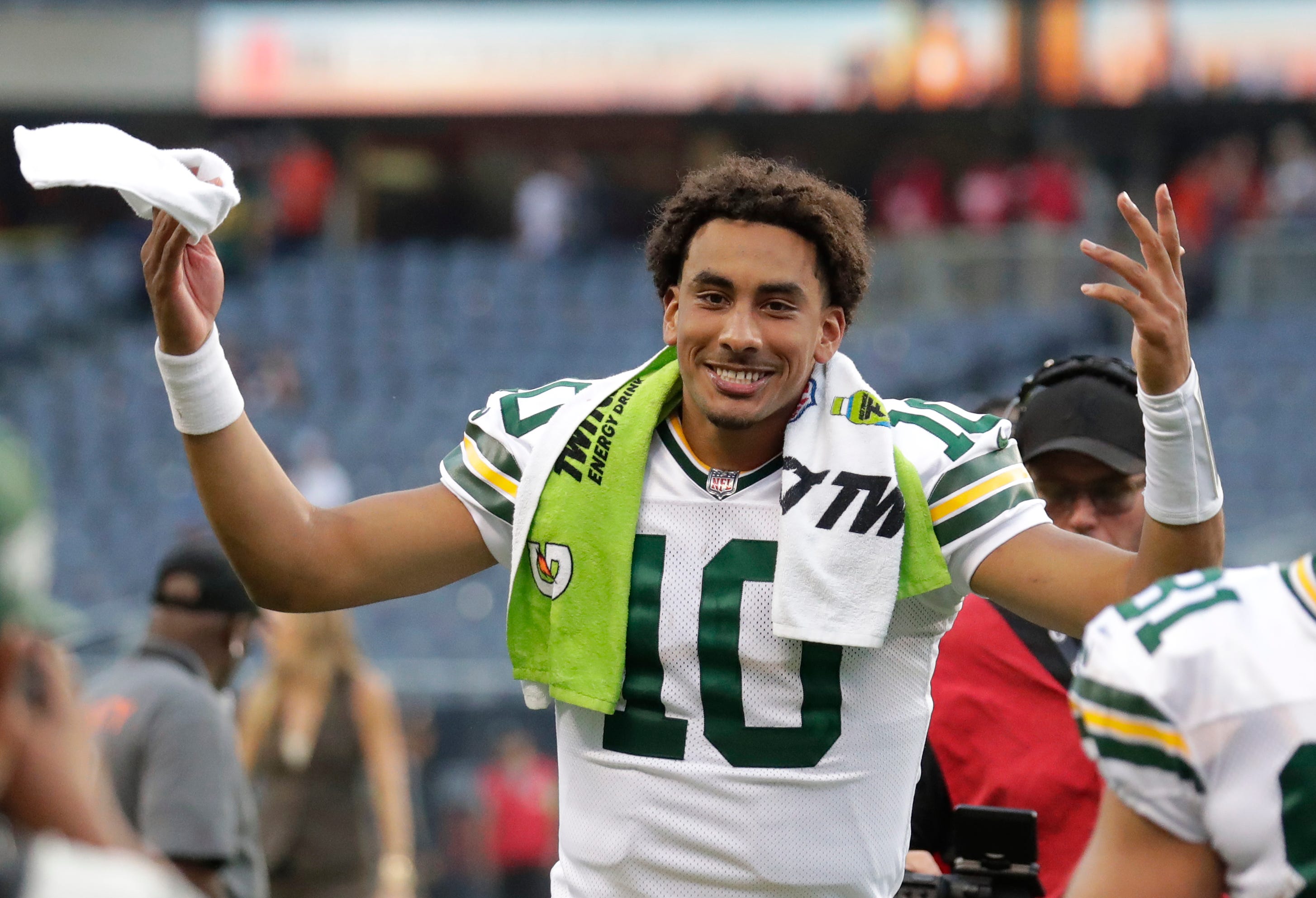 Green Bay Packers quarterback Jordan Love (10) celebrates a victory against the Chicago Bears as he leaves the field during their football game Sunday, September 10, 2023, at Soldier Field in Chicago, Ill. Green Bay won 38-20. Dan Powers/USA TODAY NETWORK-Wisconsin / USA TODAY NETWORK