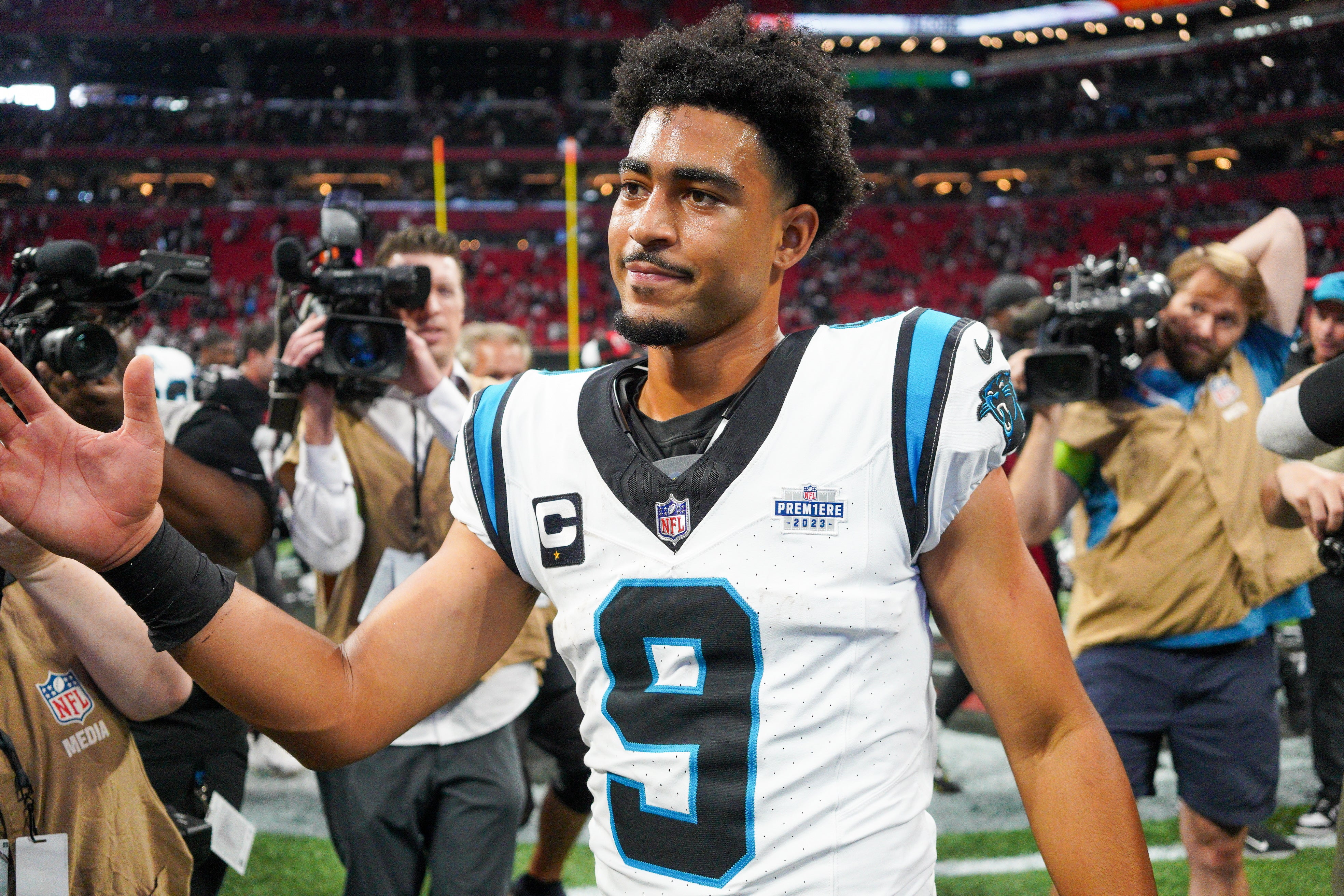 Sep 10, 2023; Atlanta, Georgia, USA; Carolina Panthers quarterback Bryce Young (9) after a loss against the Atlanta Falcons at Mercedes-Benz Stadium. Mandatory Credit: Brett Davis-USA TODAY Sports