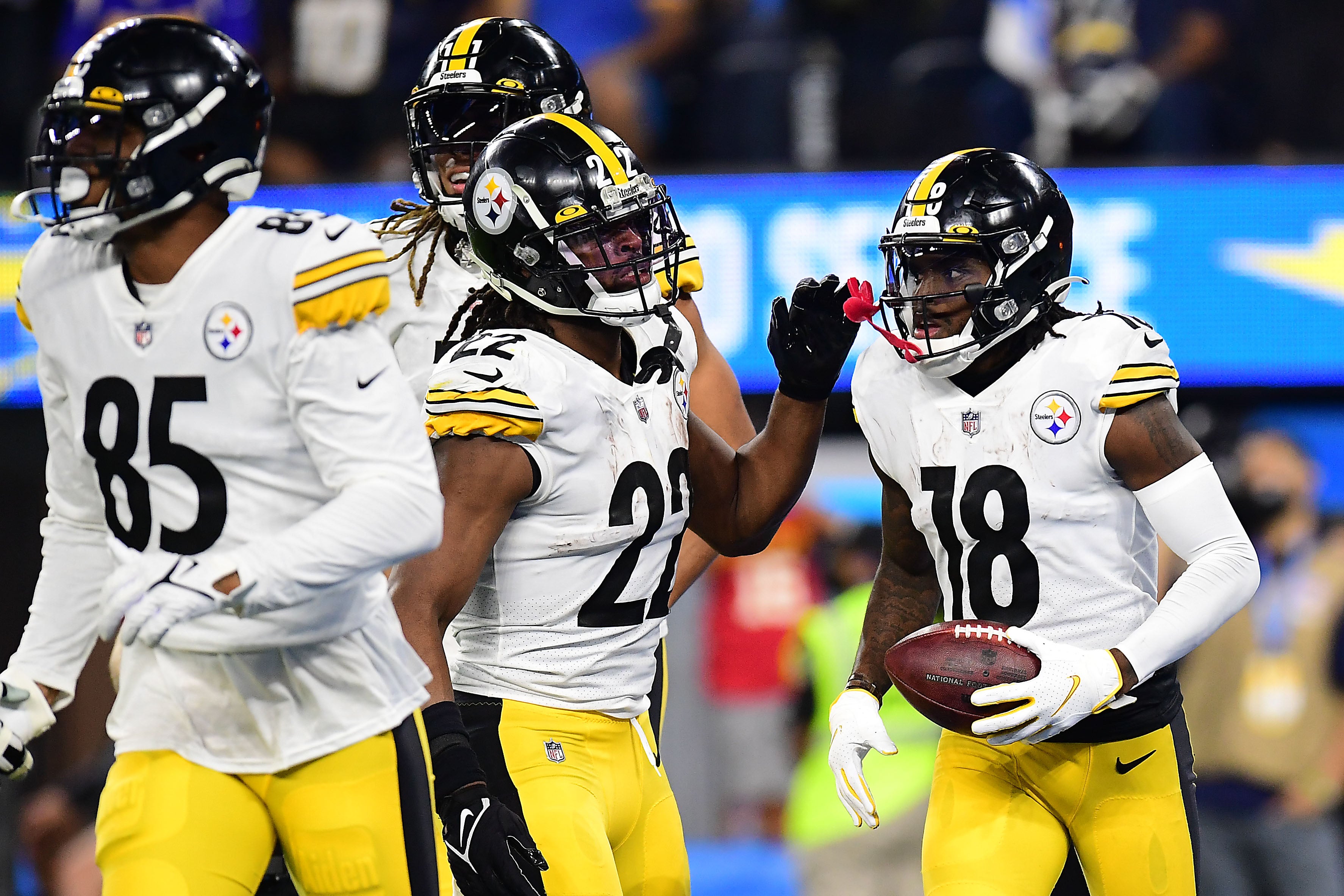 Nov 21, 2021; Inglewood, California, USA; Pittsburgh Steelers wide receiver Diontae Johnson (18) celebrates with running back Najee Harris (22) his touchdown scored against the Los Angeles Chargers during the first half at SoFi Stadium. Mandatory Credit: Gary A. Vasquez-USA TODAY Sports
