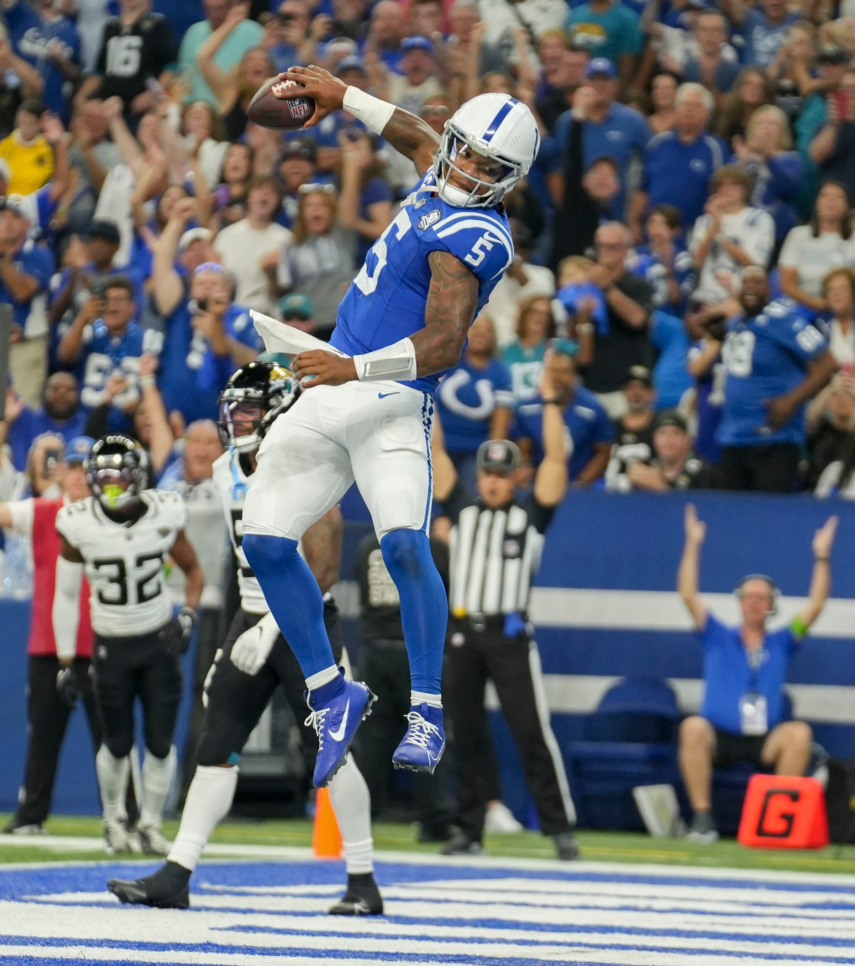 Indianapolis Colts quarterback Anthony Richardson (5) reacts after scoring a touchdown Sunday, Sept. 10, 2023, during a game against the Jacksonville Jaguars at Lucas Oil Stadium in Indianapolis.