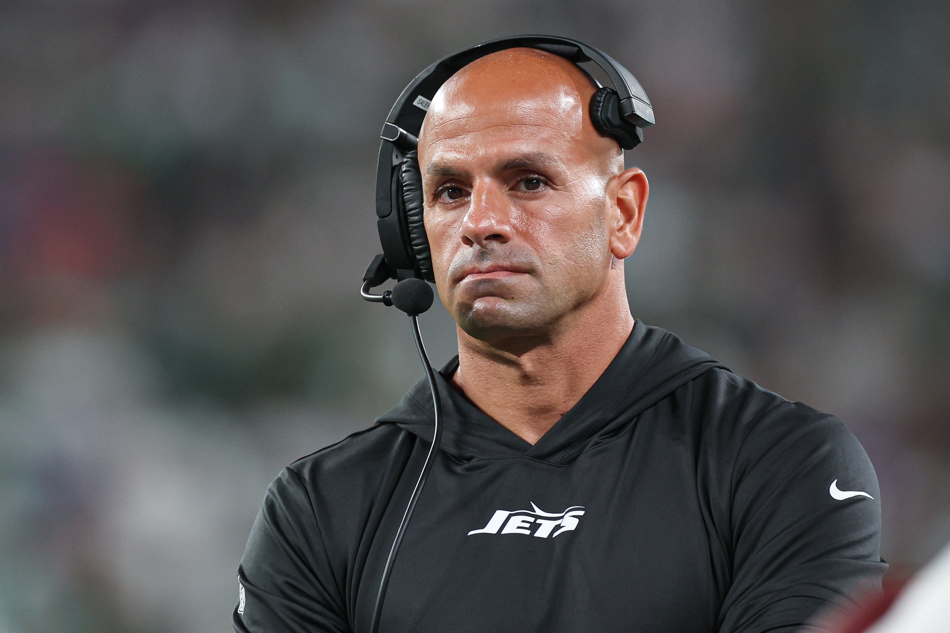 New York Jets head coach Robert Saleh looks on during the first half against the Buffalo Bills at MetLife Stadium. Mandatory Credit: Vincent Carchietta-USA TODAY Sports