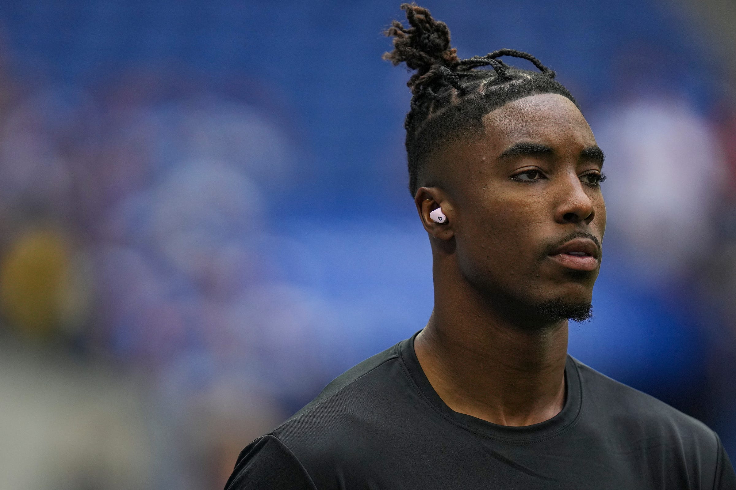 Indianapolis Colts wide receiver Mike Strachan (17) warms up before facing the Chicago Bears in an NFL preseason game Saturday, Aug. 19, 2023, at Lucas Oil Stadium in Indianapolis.