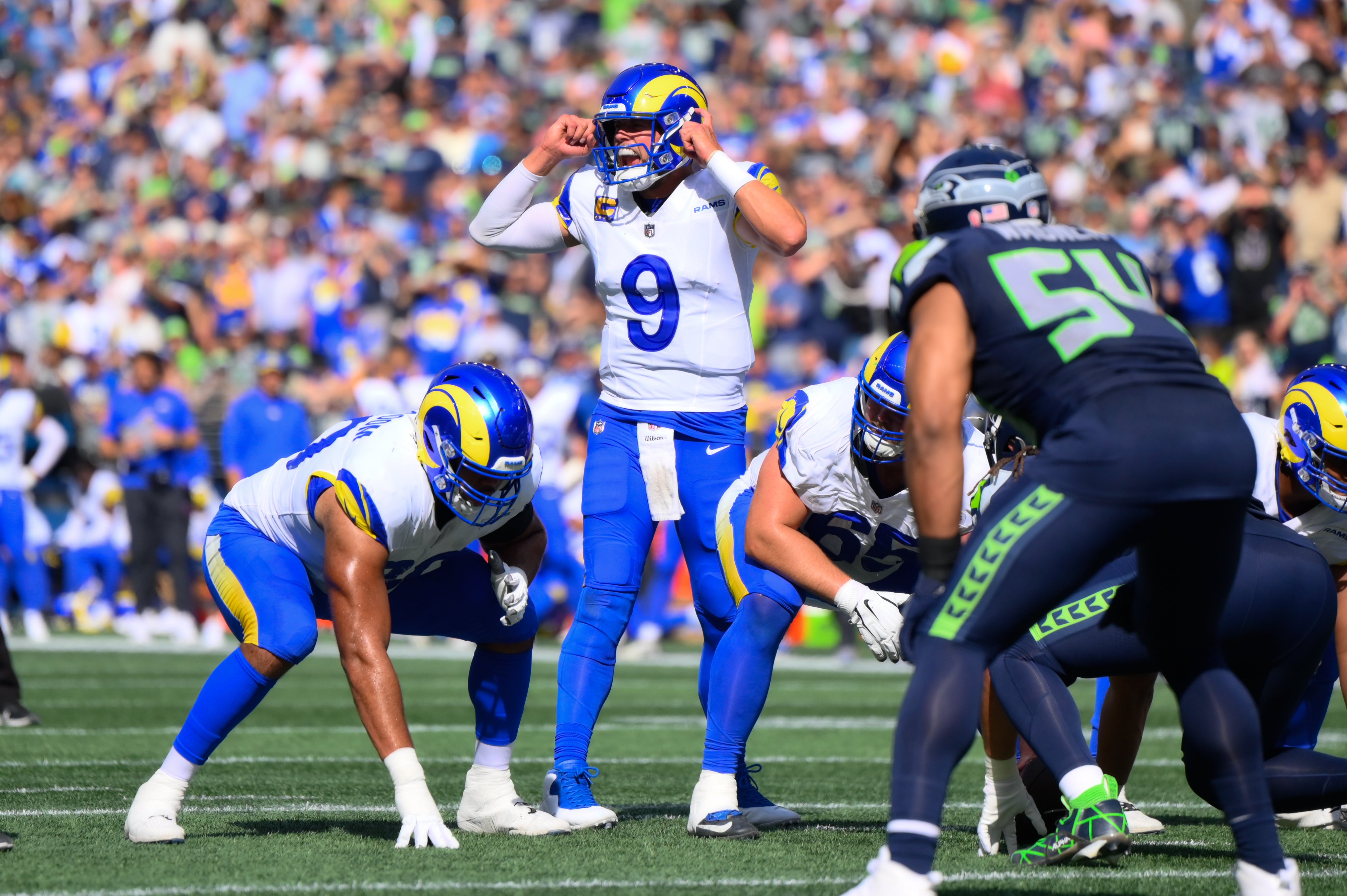 Sep 10, 2023; Seattle, Washington, USA; Los Angeles Rams quarterback Matthew Stafford (9) calls out plays during the second half against the Los Angeles Rams at Lumen Field. Mandatory Credit: Steven Bisig-USA TODAY Sports