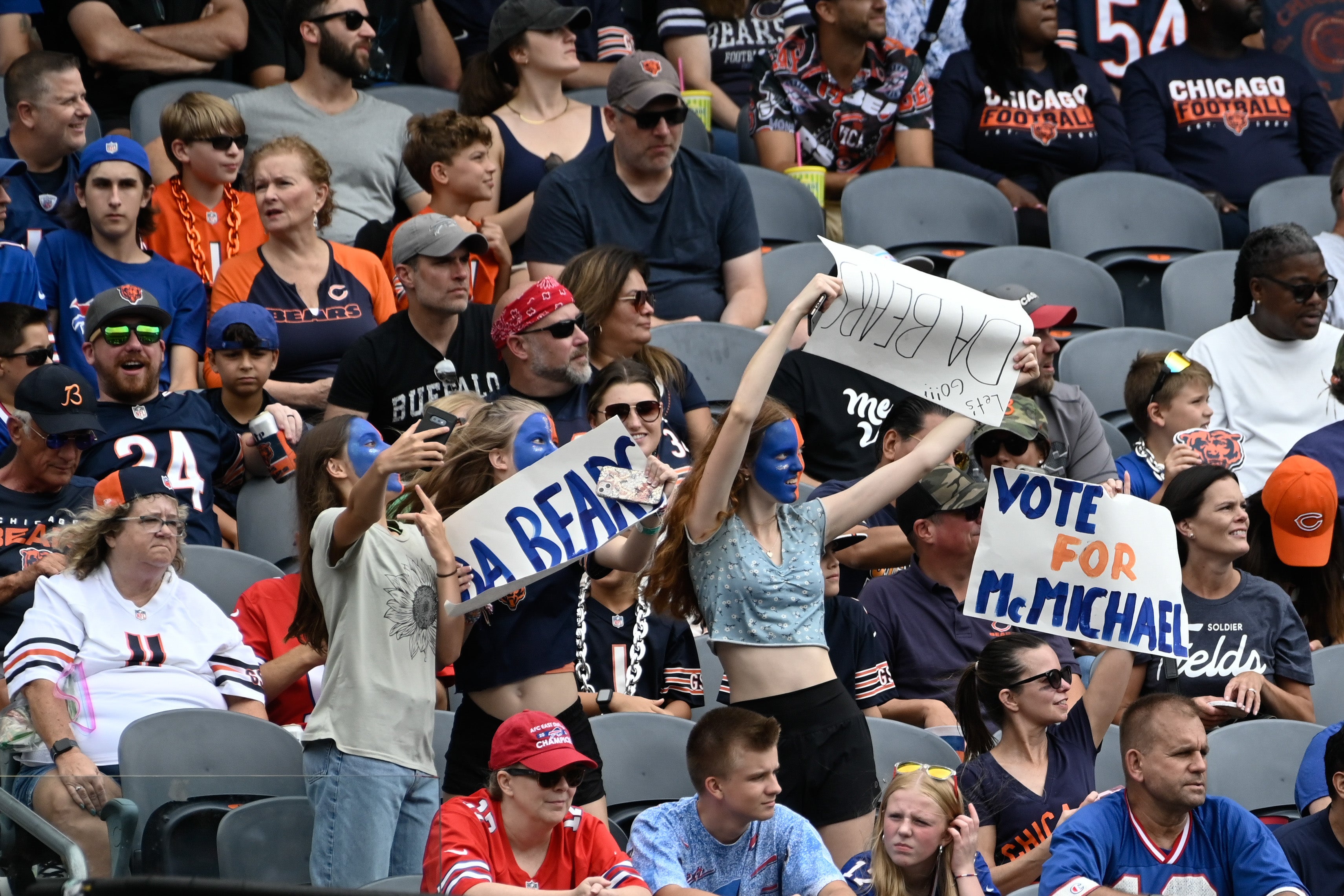 Aug 26, 2023; Chicago, Illinois, USA; Chicago Bears fans during the team s pre-season game against the Buffalo Bills at Soldier Field. Mandatory Credit: Matt Marton-USA TODAY Sports