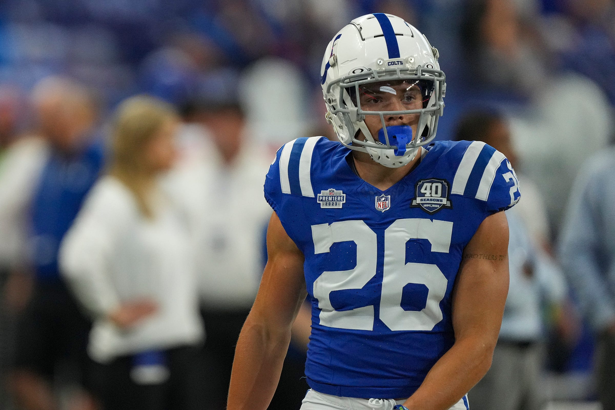 Indianapolis Colts running back Evan Hull (26) warms up before facing the Jacksonville Jaguars on Sunday, Sept. 10, 2023, at Lucas Oil Stadium in Indianapolis.