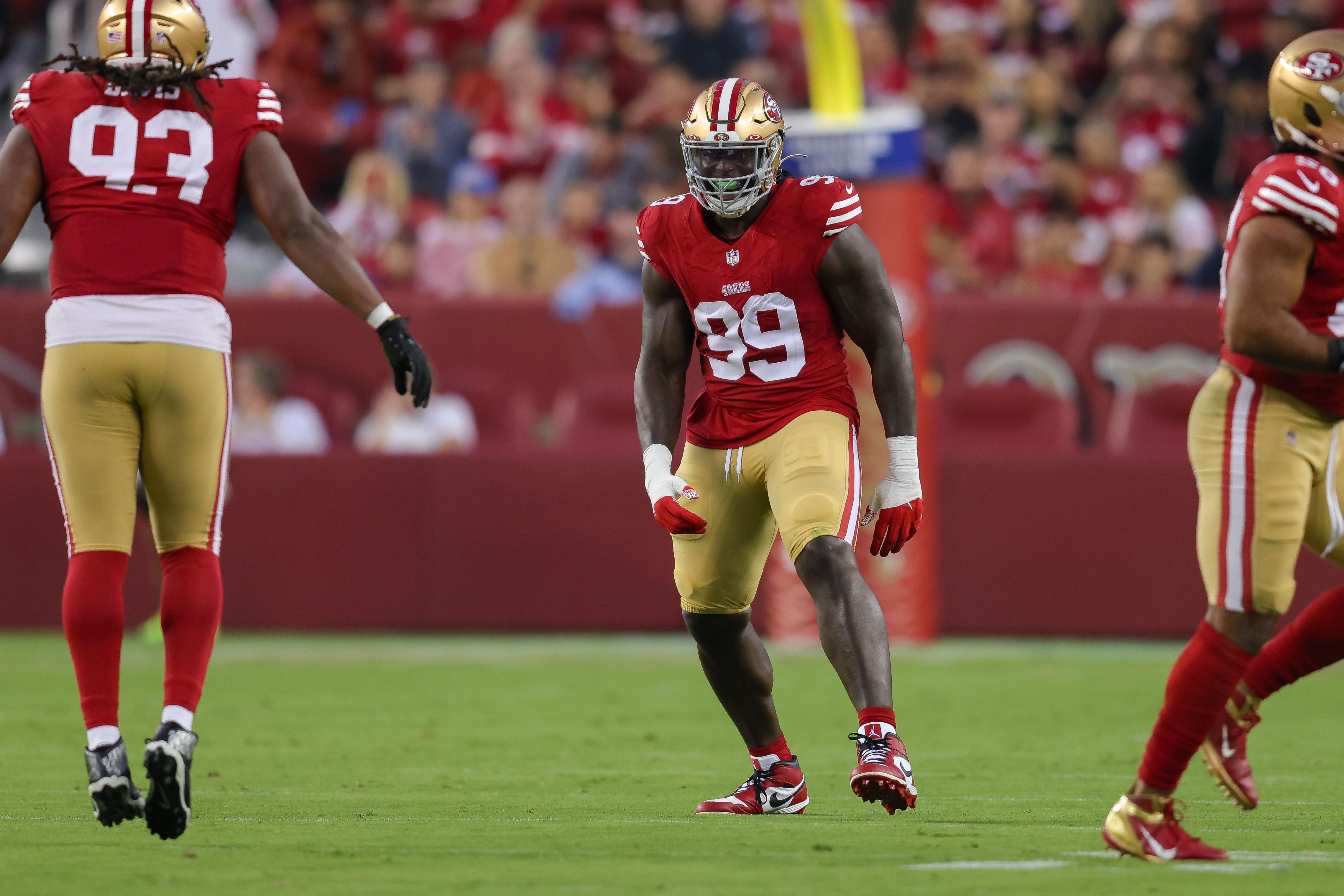 Aug 25, 2023; Santa Clara, California, USA; San Francisco 49ers defensive tackle Javon Kinlaw (99) during the game against the Los Angeles Chargers at Levi's Stadium. Mandatory Credit: Sergio Estrada-USA TODAY Sports