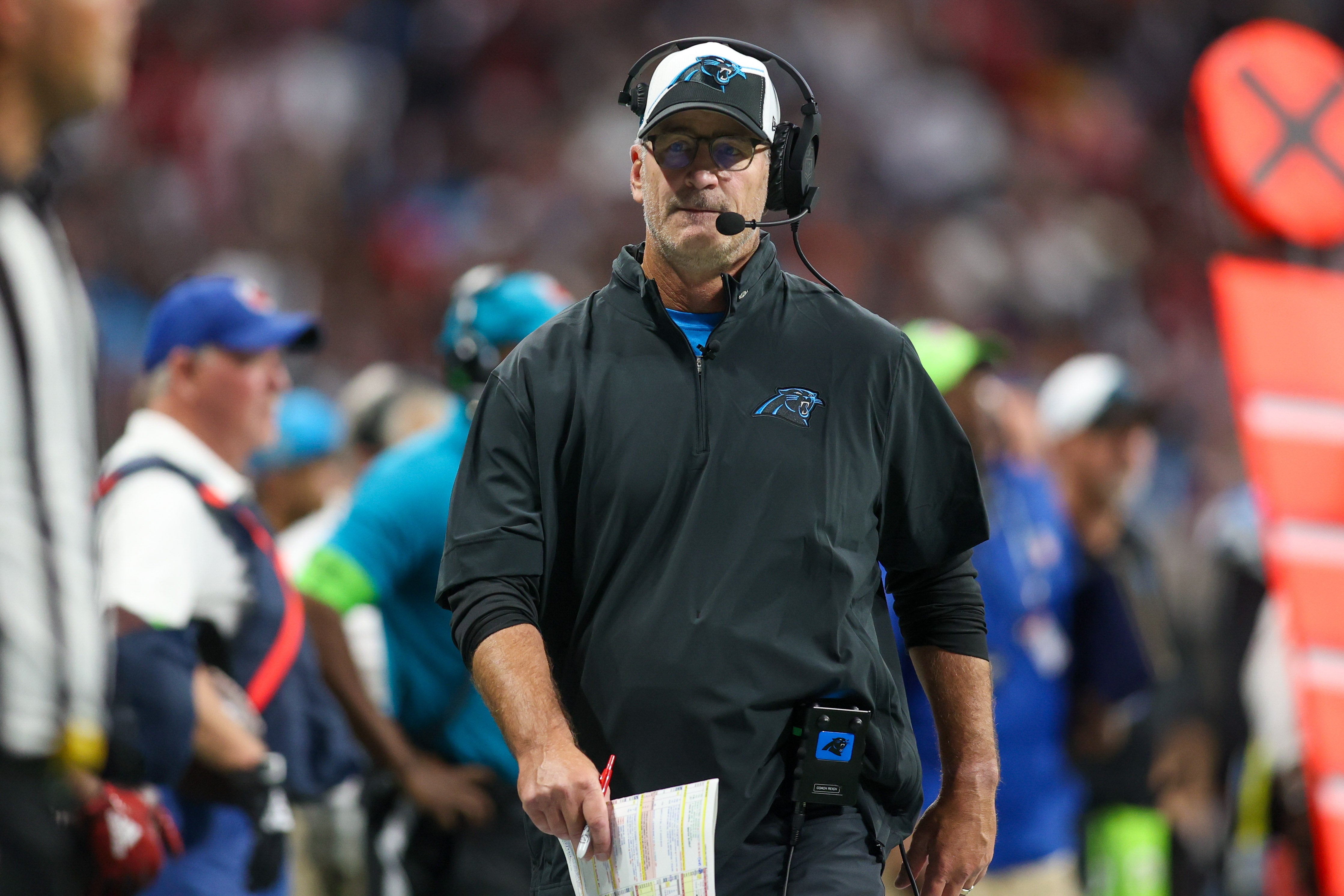 Sep 10, 2023; Atlanta, Georgia, USA; Carolina Panthers head coach Frank Reich on the sidelines against the Atlanta Falcons in the second half at Mercedes-Benz Stadium.