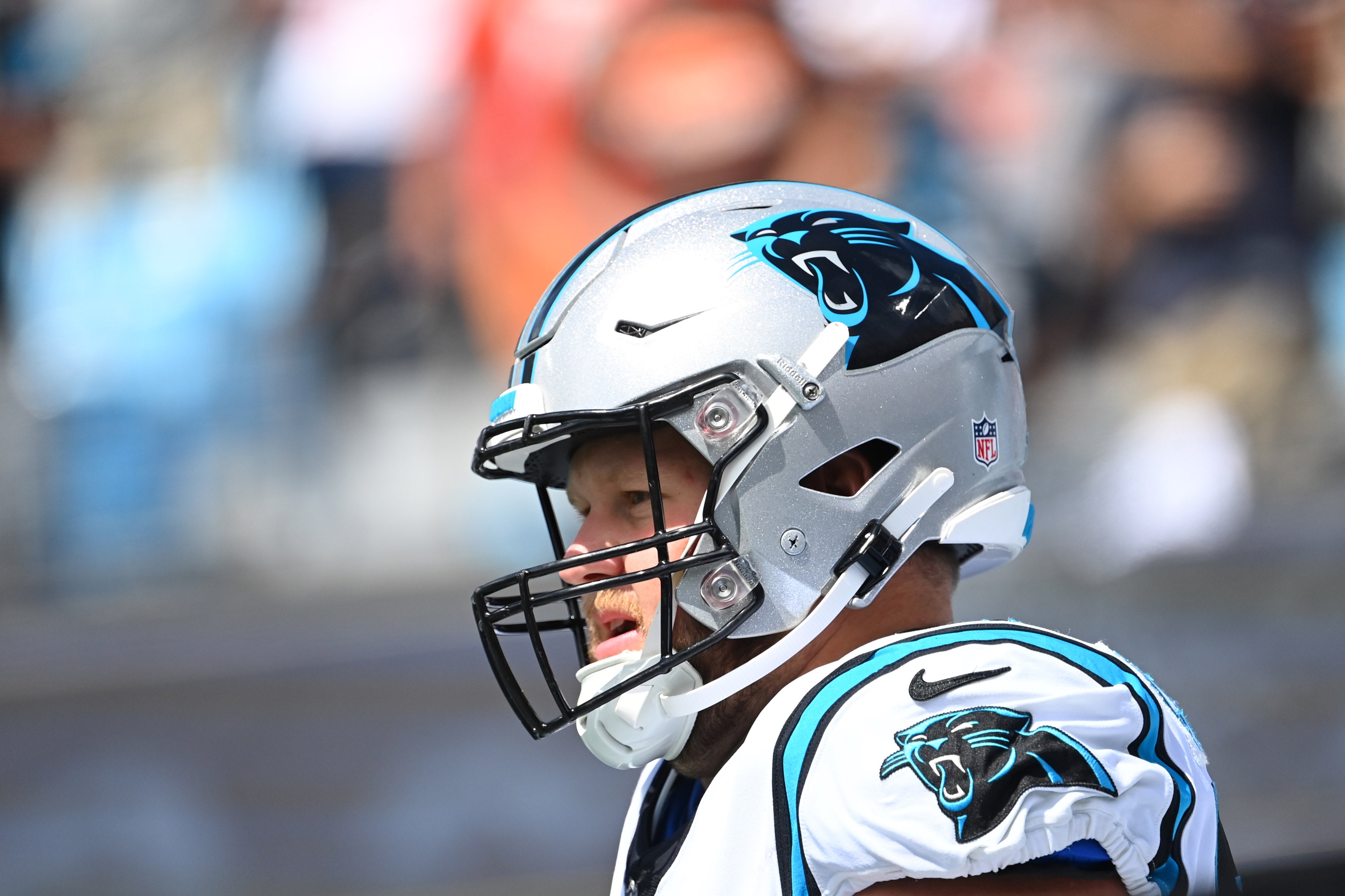 Sep 11, 2022; Charlotte, North Carolina, USA; Carolina Panthers offensive tackle Brady Christensen (70) is introduced before the game at Bank of America Stadium. Mandatory Credit: Bob Donnan-USA TODAY Sports
