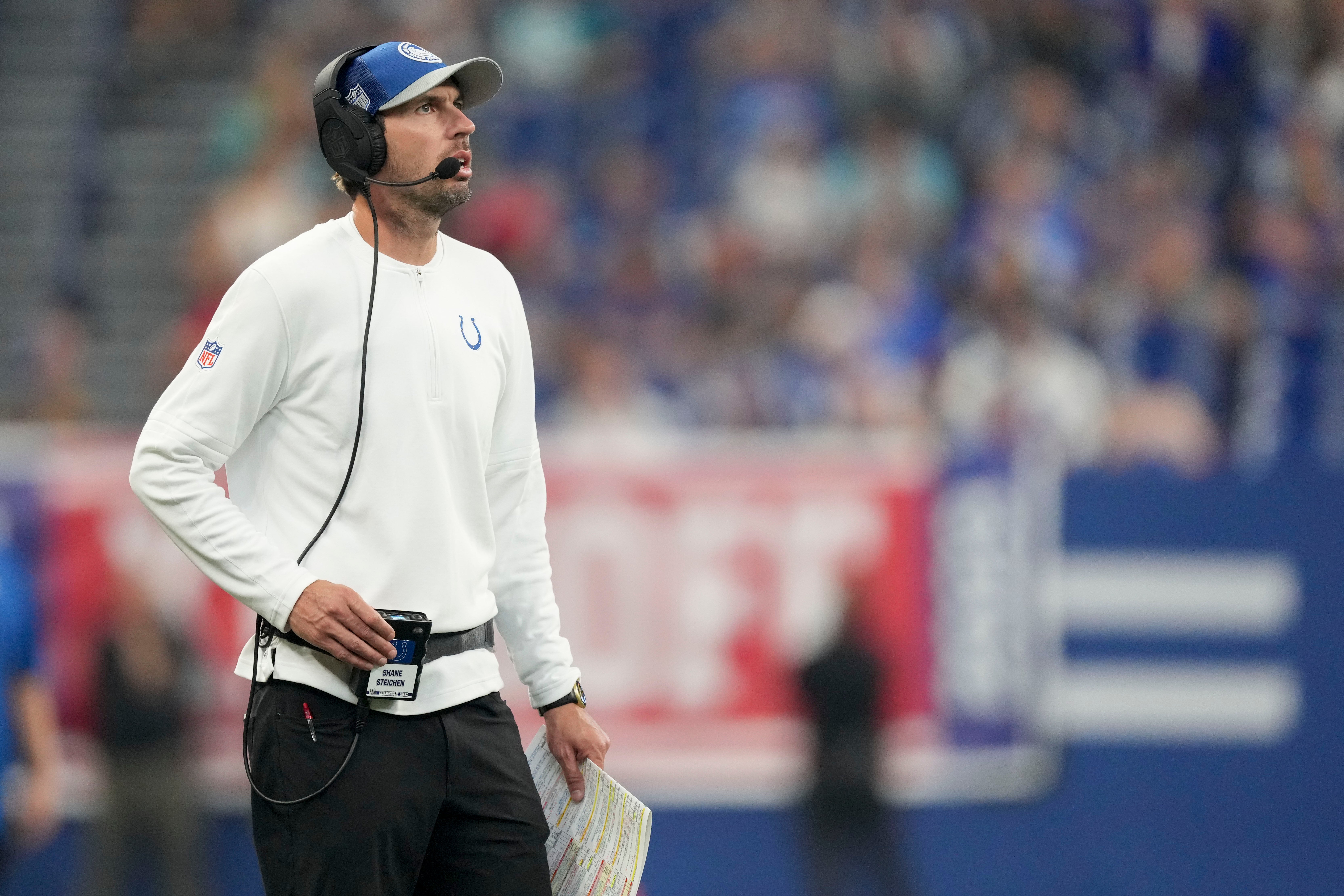 Sep 10, 2023; Indianapolis, Indiana, USA; Indianapolis Colts head coach Shane Shane Steichen watches the action on the field Sunday, Sept. 10, 2023, during a game against the Jacksonville Jaguars at Lucas Oil Stadium.