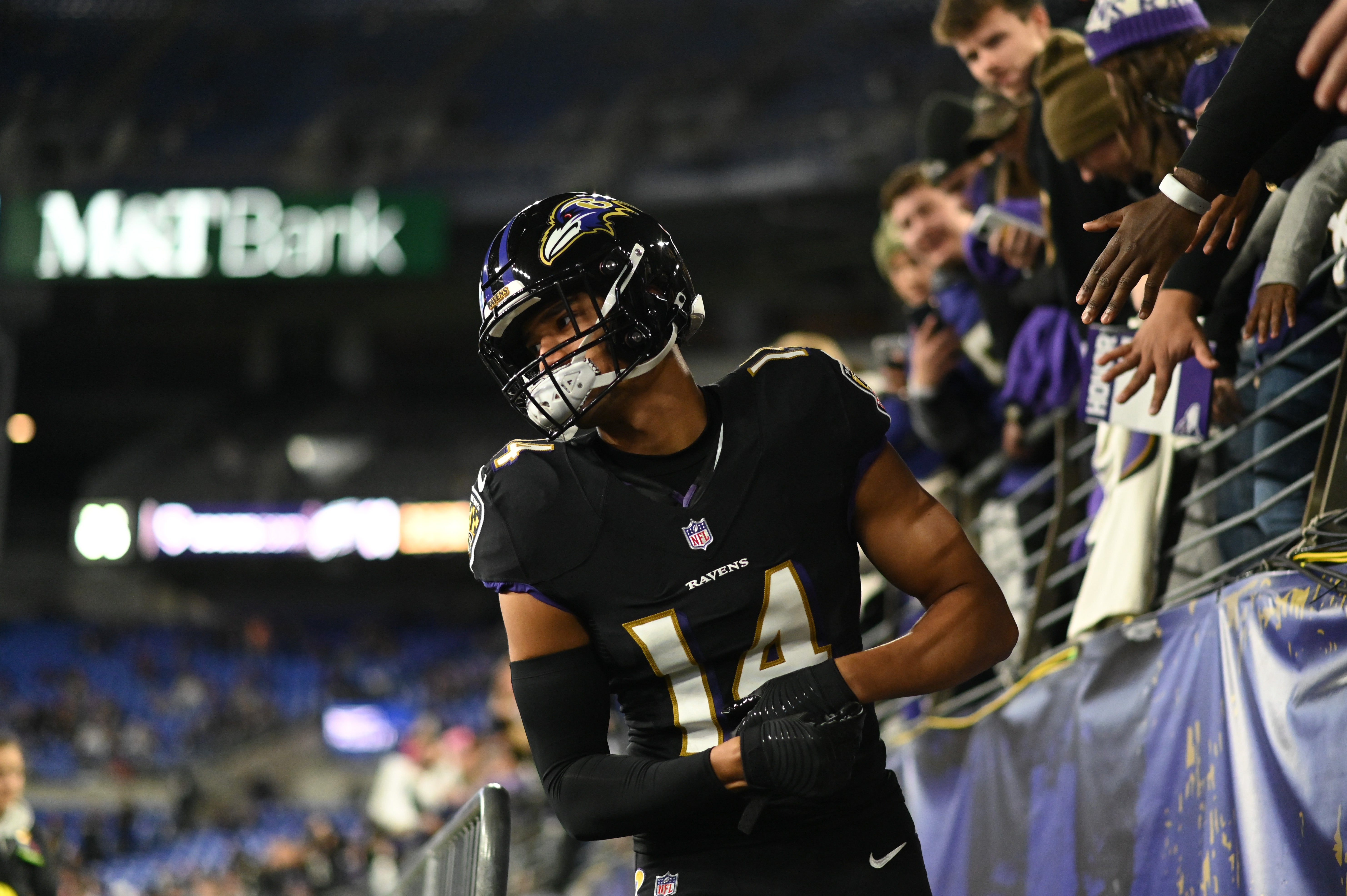 Oct 9, 2022; Baltimore, Maryland, USA; Baltimore Ravens safety Kyle Hamilton (14) before the game against the Cincinnati Bengals at M&T Bank Stadium. Mandatory Credit: Tommy Gilligan-USA TODAY Sports