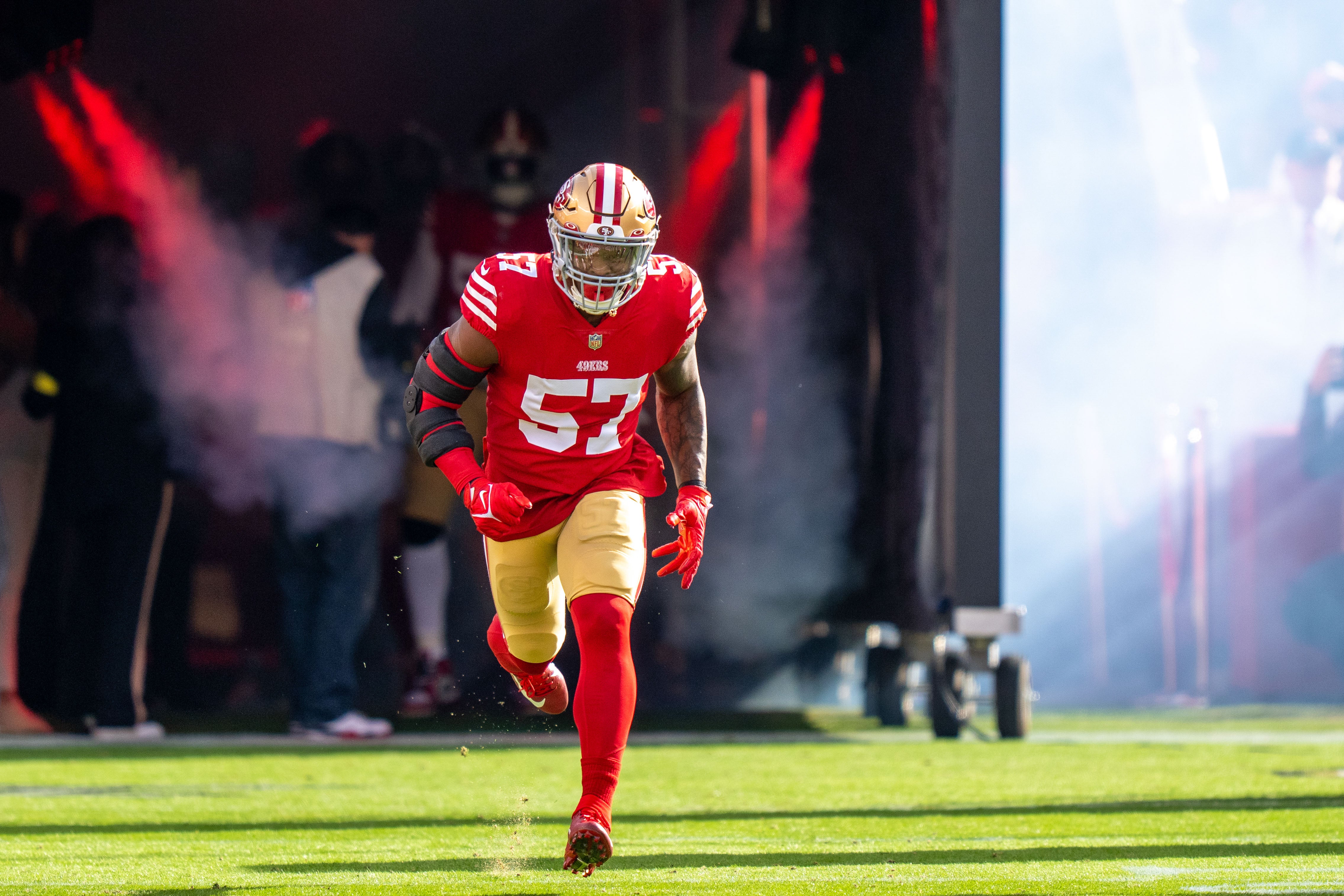 November 27, 2022; Santa Clara, California, USA; San Francisco 49ers linebacker Dre Greenlaw (57) before the game against the New Orleans Saints at Levi's Stadium. Mandatory Credit: Kyle Terada-USA TODAY Sports