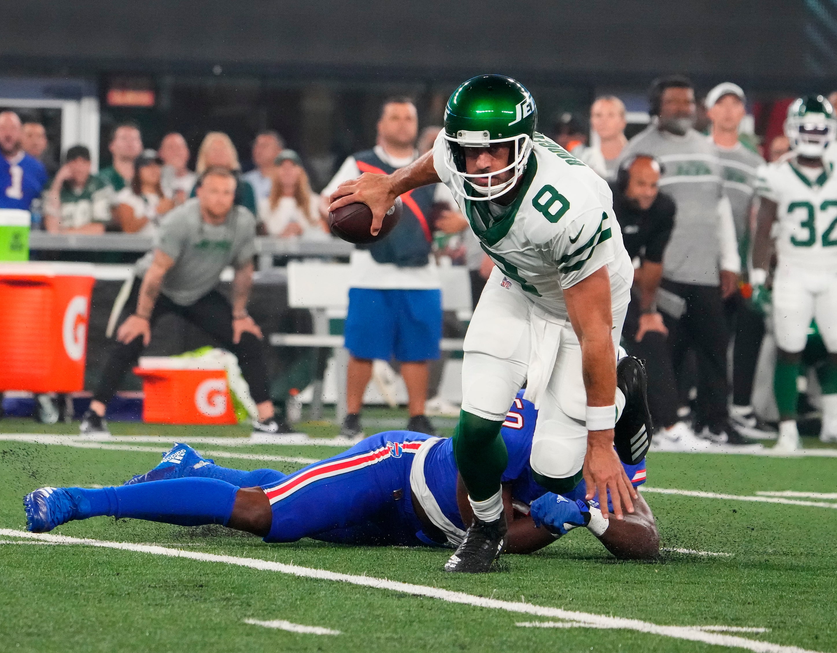 Buffalo Bills defensive end Greg Rousseau (50) pressures New York Jets quarterback Aaron Rodgers (8) during the first quarter at MetLife Stadium. Mandatory Credit: Robert Deutsch-USA TODAY Sports