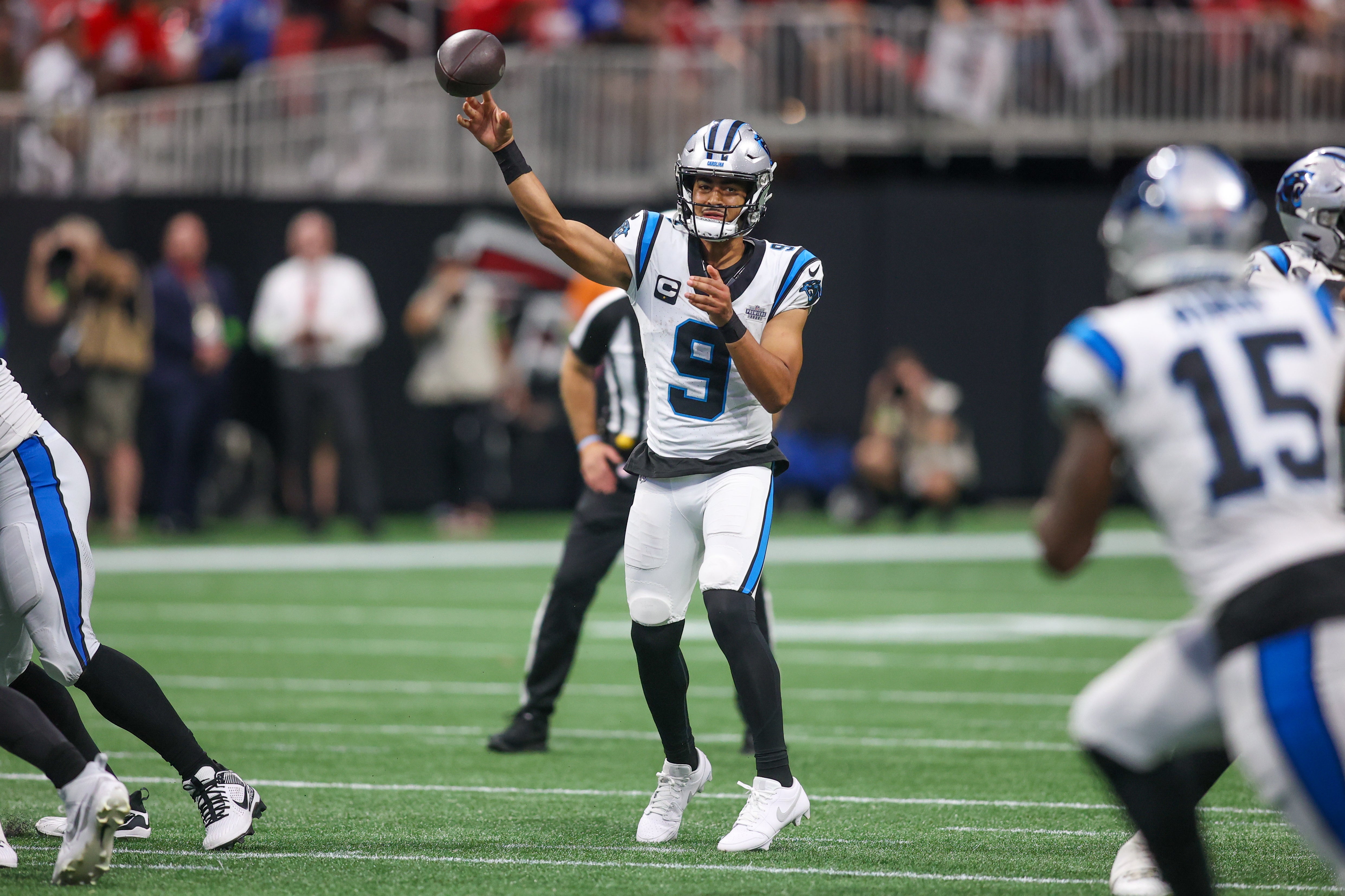 Sep 10, 2023; Atlanta, Georgia, USA; Carolina Panthers quarterback Bryce Young (9) throws a pass against the Atlanta Falcons in the second half at Mercedes-Benz Stadium. Mandatory Credit: Brett Davis-USA TODAY Sports