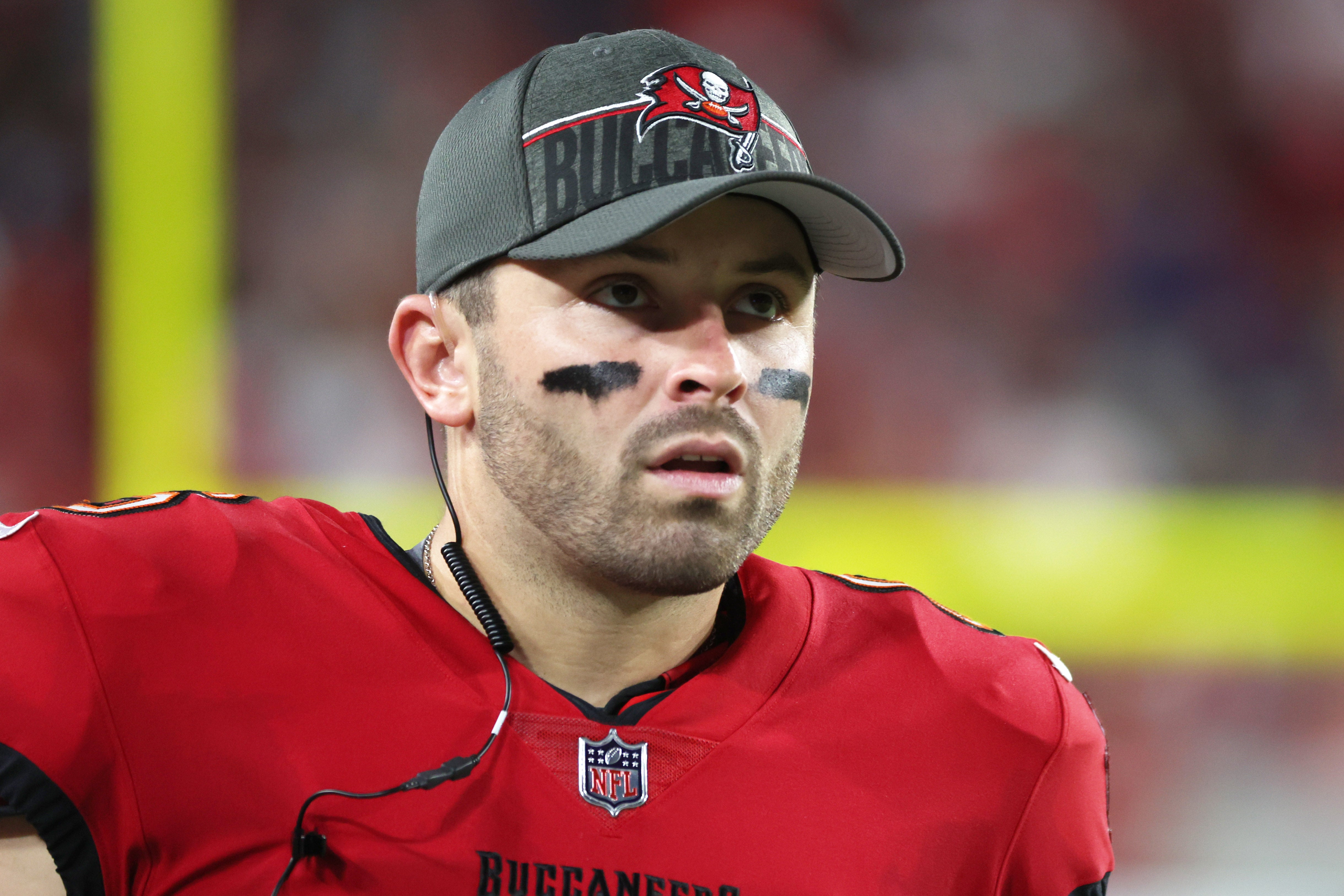 Aug 26, 2023; Tampa, Florida, USA; Tampa Bay Buccaneers quarterback Baker Mayfield (6) looks on against the Baltimore Ravens during the second quarter at Raymond James Stadium. Mandatory Credit: Kim Klement Neitzel-USA TODAY Sports