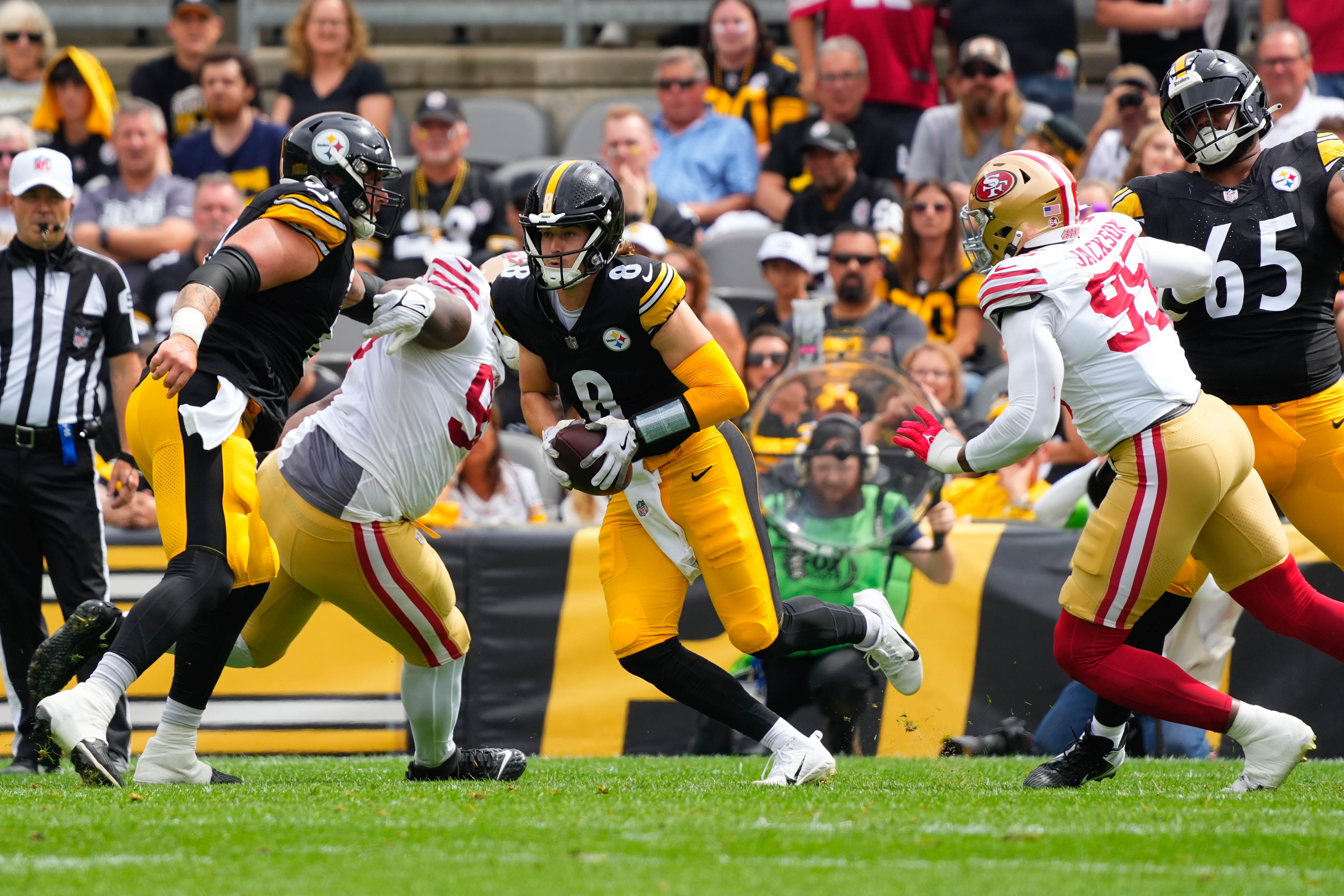 Sep 10, 2023; Pittsburgh, Pennsylvania, USA; Pittsburgh Steelers quarterback Kenny Pickett (8) and San Francisco 49ers defensive tackle Javon Hargrave (98) and defensive end Drake Jackson (95) applying pressure during the first half at Acrisure Stadium. Mandatory Credit: Gregory Fisher-USA TODAY Sports