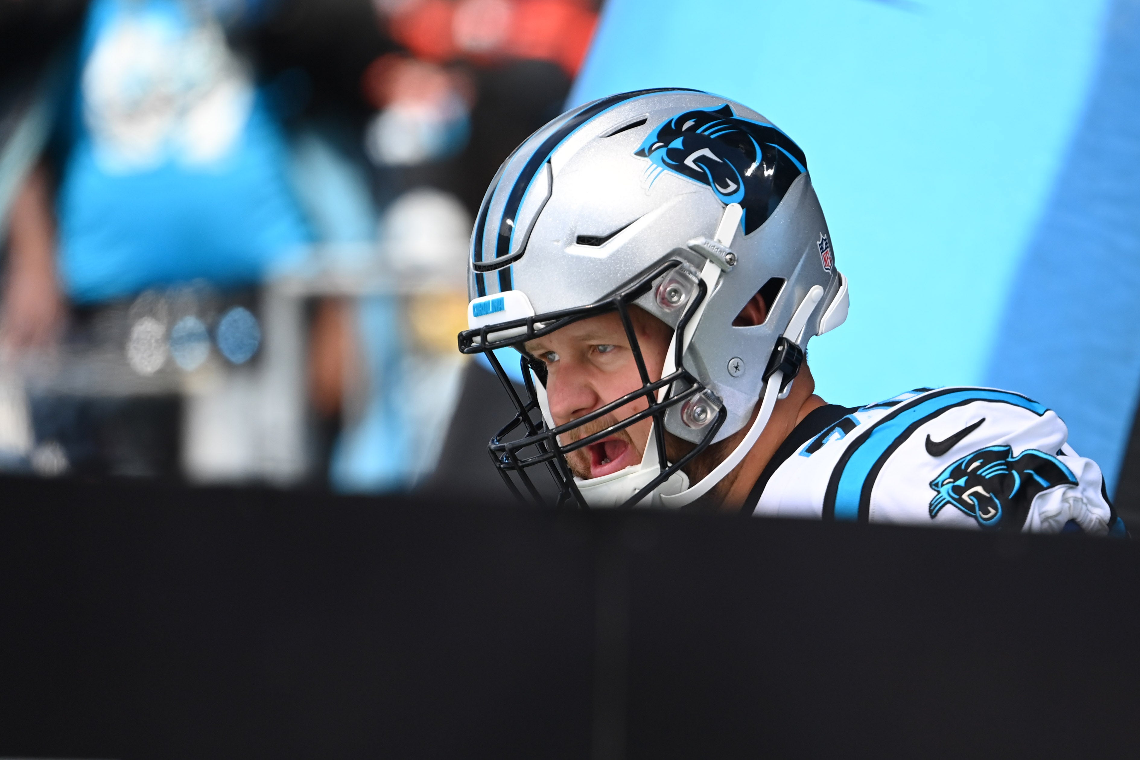 Sep 11, 2022; Charlotte, North Carolina, USA; Carolina Panthers offensive tackle Brady Christensen (70) is introduced before the game at Bank of America Stadium. Mandatory Credit: Bob Donnan-USA TODAY Sports