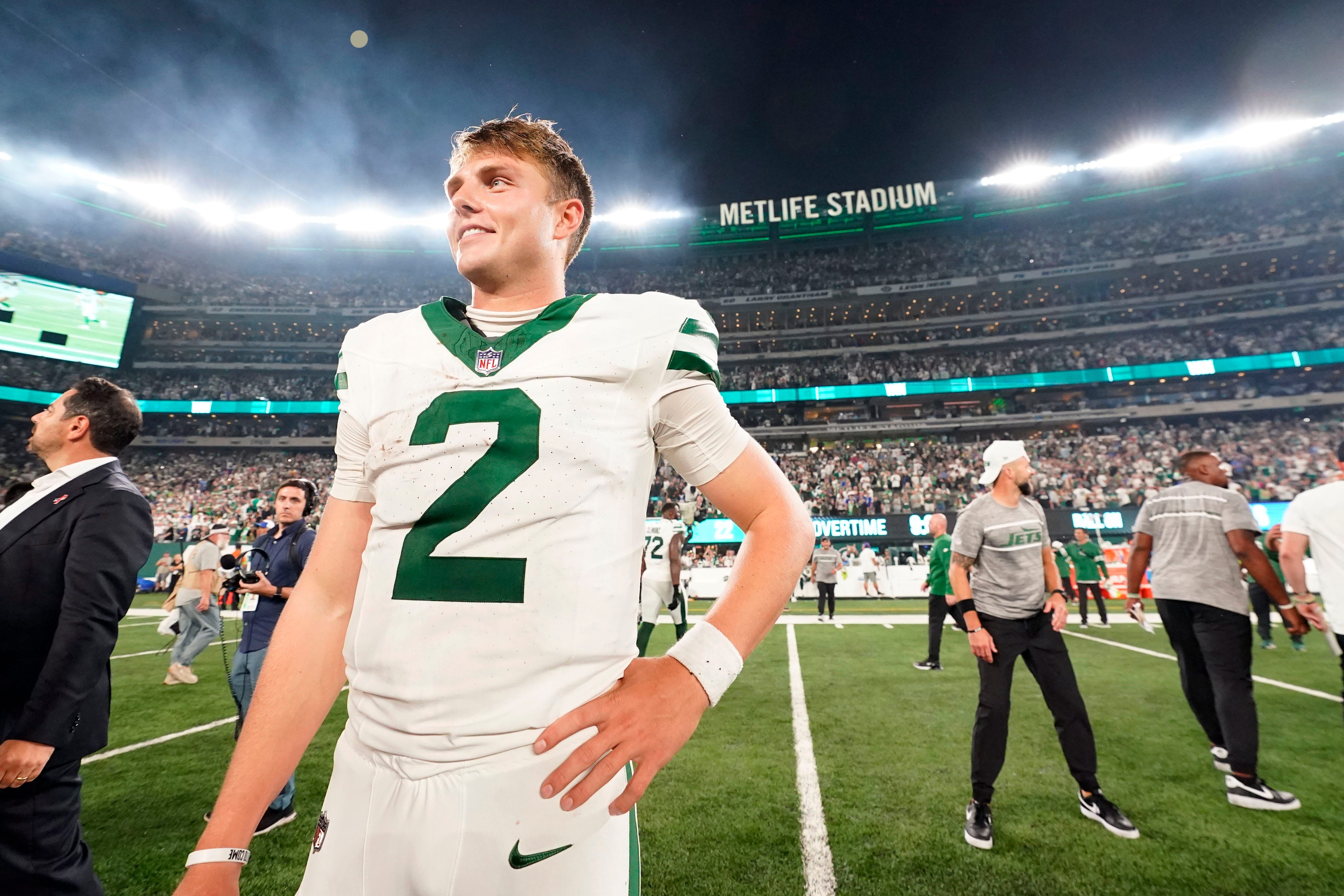New York Jets quarterback Zach Wilson (2) on the field after the game. The Jets defeat the Bills in overtime, 22-16, in the home opener at MetLife Stadium on Monday, Sept. 11, 2023, in East Rutherford.