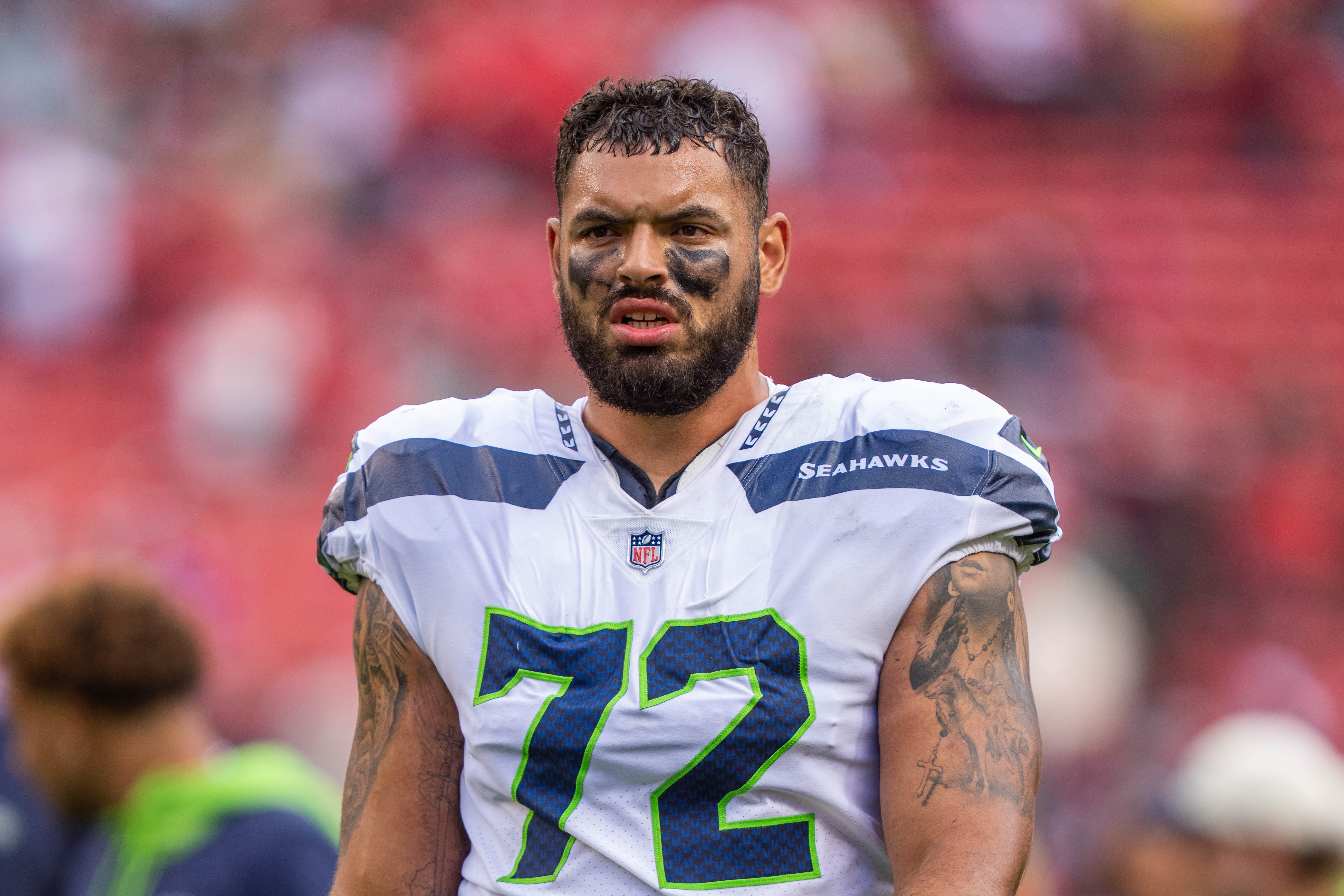 September 18, 2022; Santa Clara, California, USA; Seattle Seahawks offensive tackle Abraham Lucas (72) after the game against the San Francisco 49ers at Levi's Stadium. Mandatory Credit: Kyle Terada-USA TODAY Sports