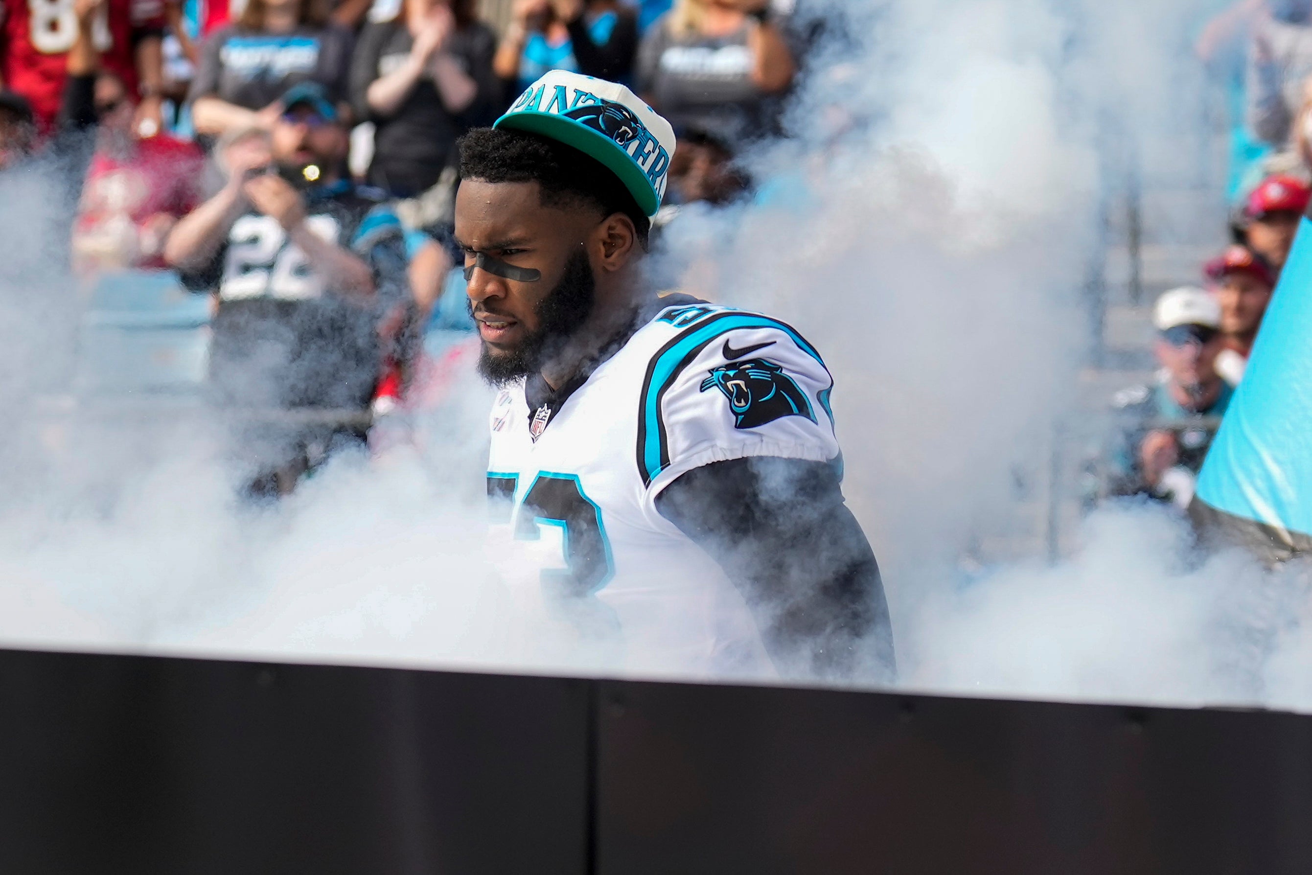 Oct 9, 2022; Charlotte, North Carolina, USA; Carolina Panthers defensive end Brian Burns (53) during the first quarter against the San Francisco 49ers at Bank of America Stadium. Mandatory Credit: Jim Dedmon-USA TODAY Sport
