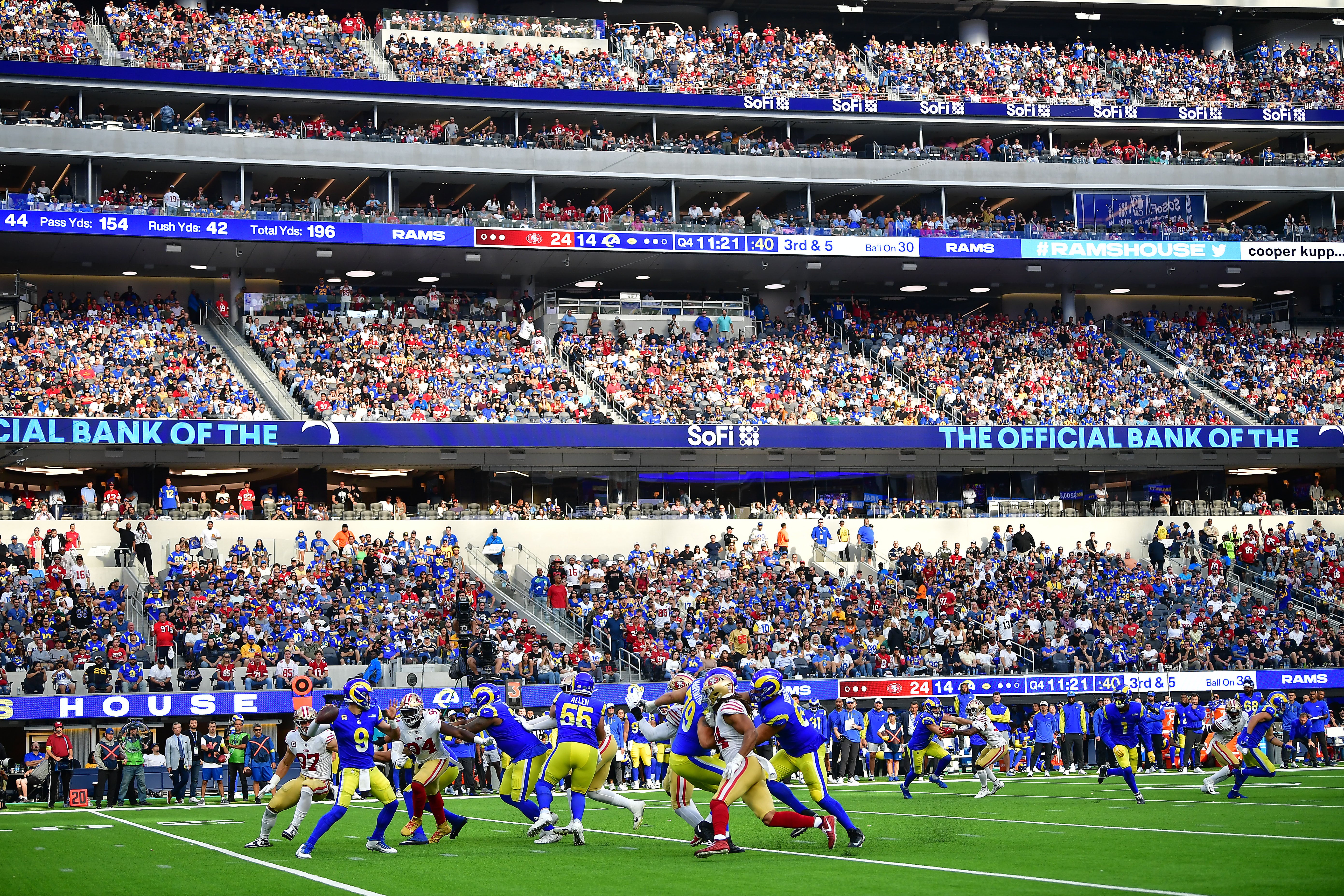 Oct 30, 2022; Inglewood, California, USA; Los Angeles Rams quarterback Matthew Stafford (9) drops back to pass against the San Francisco 49ers during the second half at SoFi Stadium. Mandatory Credit: Gary A. Vasquez-USA TODAY Sports
