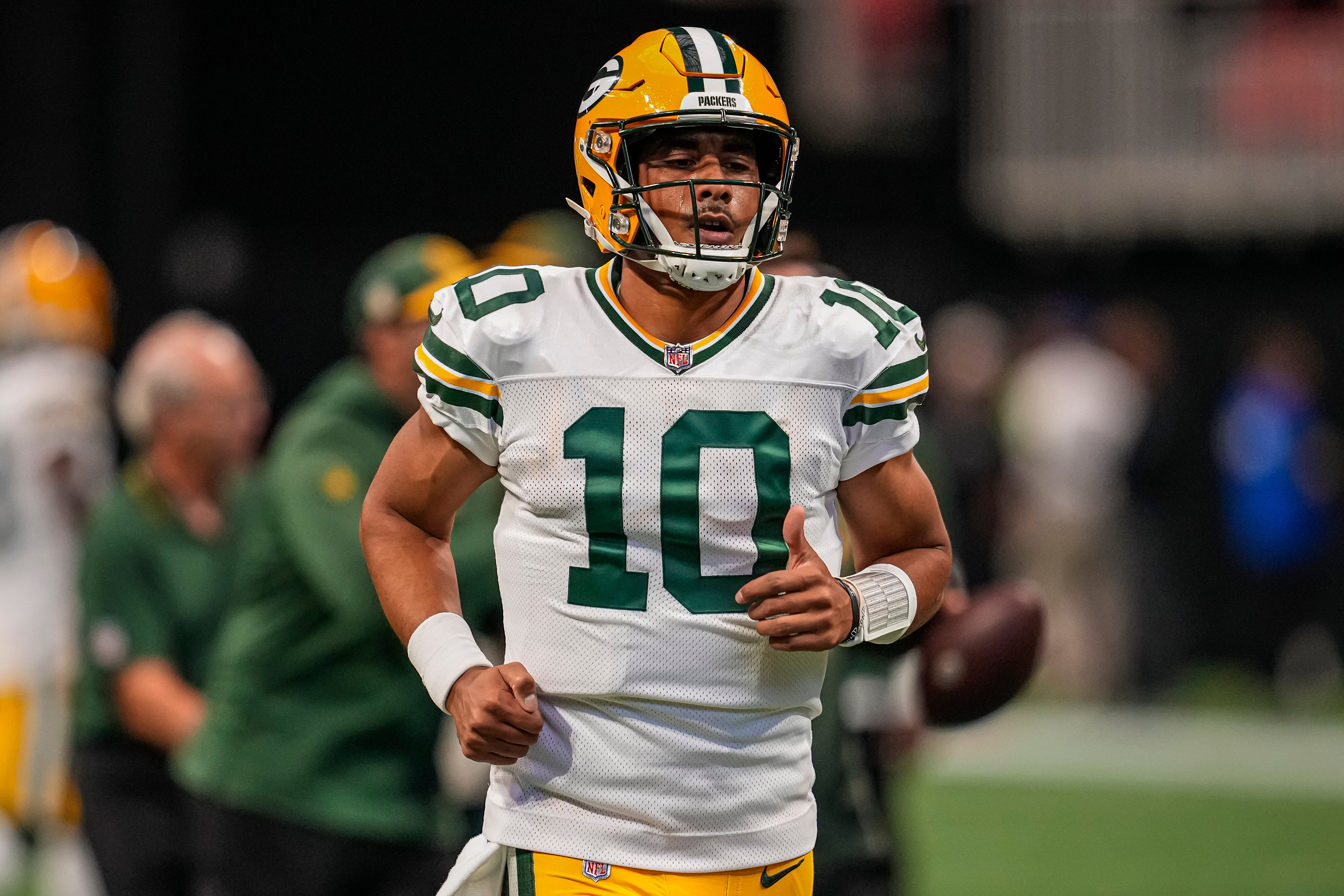 Sep 17, 2023; Atlanta, Georgia, USA; Green Bay Packers quarterback Jordan Love (10) runs on the field prior to the game against the Atlanta Falcons at Mercedes-Benz Stadium. Mandatory Credit: Dale Zanine-USA TODAY Sports