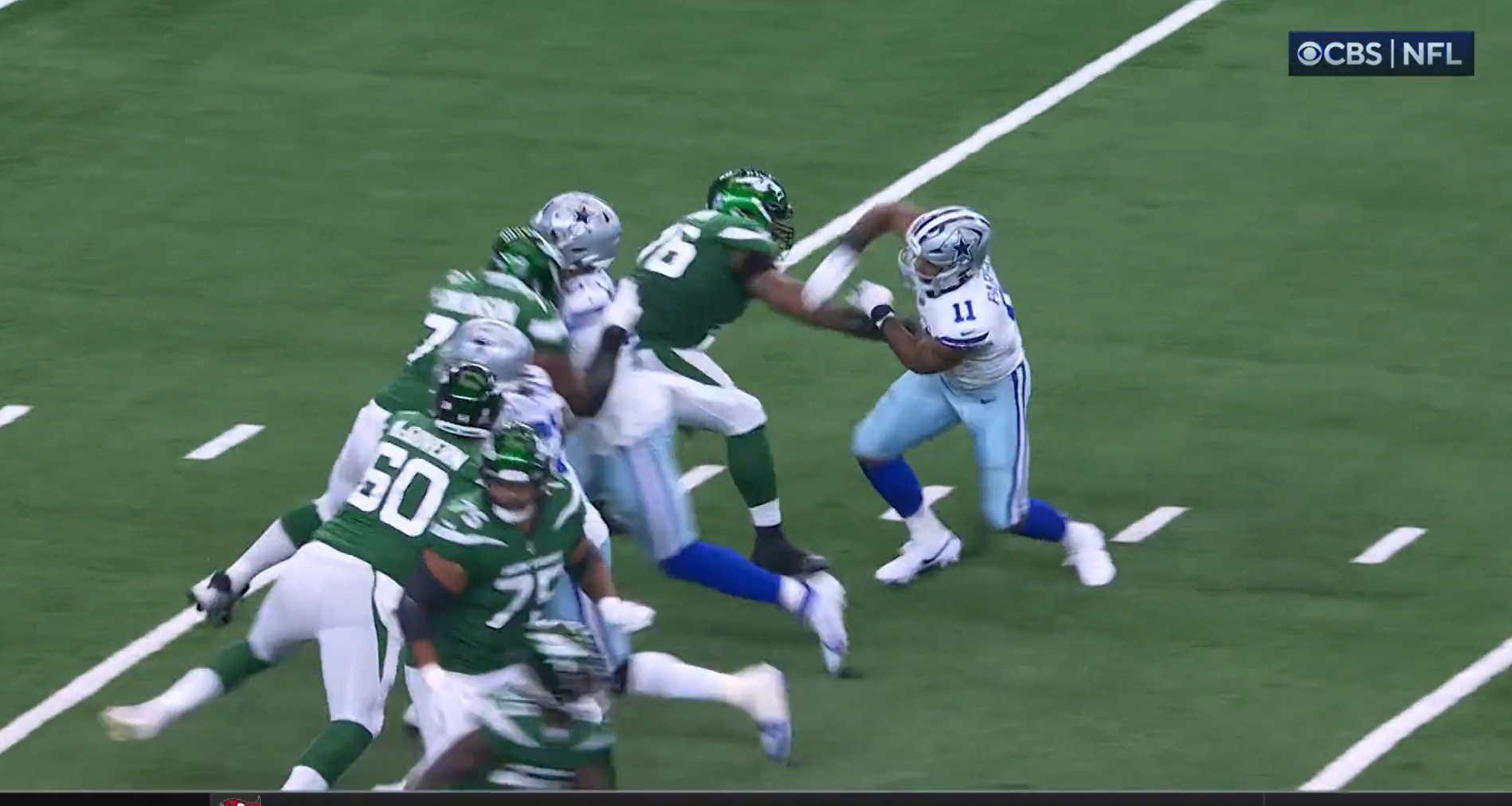 Cowboys superstar pass rusher Micah Parsons works the stunt to sack Jets QB Zach Wilson in Week 2.