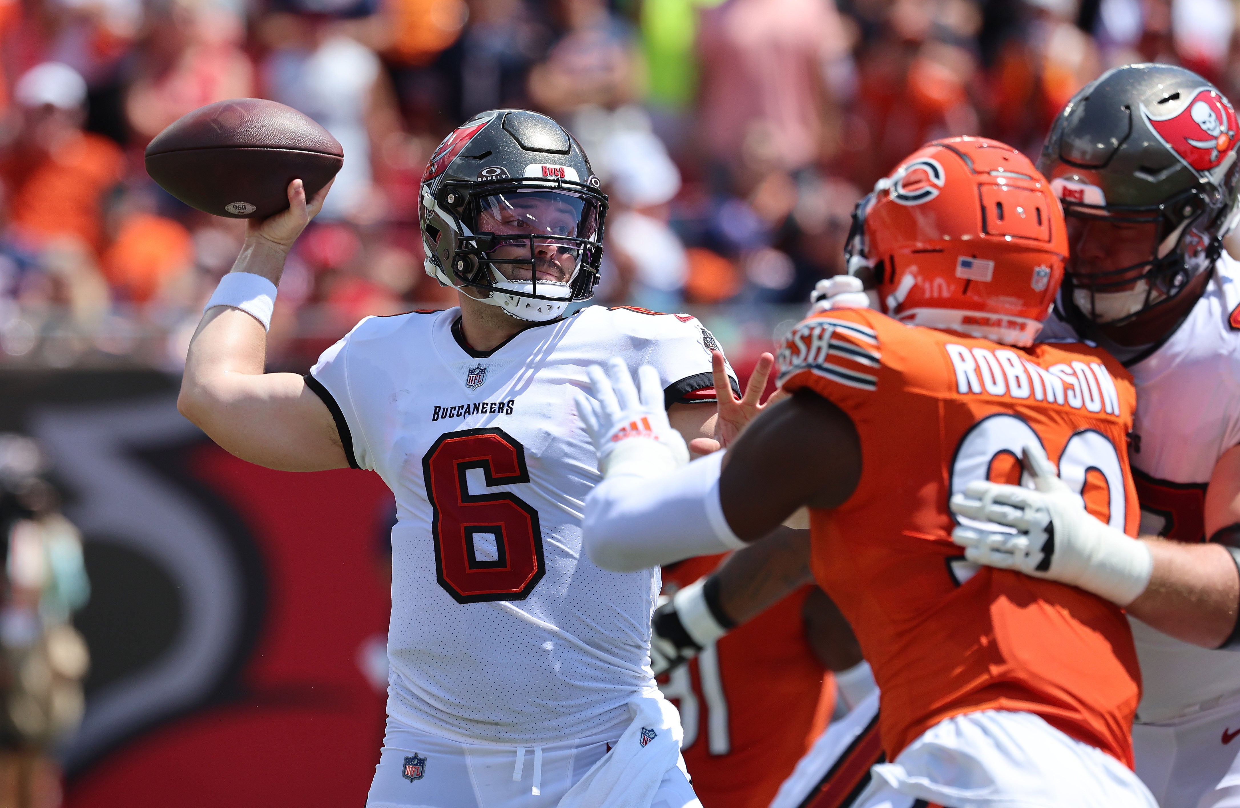 Sep 17, 2023; Tampa, Florida, USA; Tampa Bay Buccaneers quarterback Baker Mayfield (6) prepares to pass against the Chicago Bears during the first quarter at Raymond James Stadium. Mandatory Credit: Kim Klement Neitzel-USA TODAY Sports