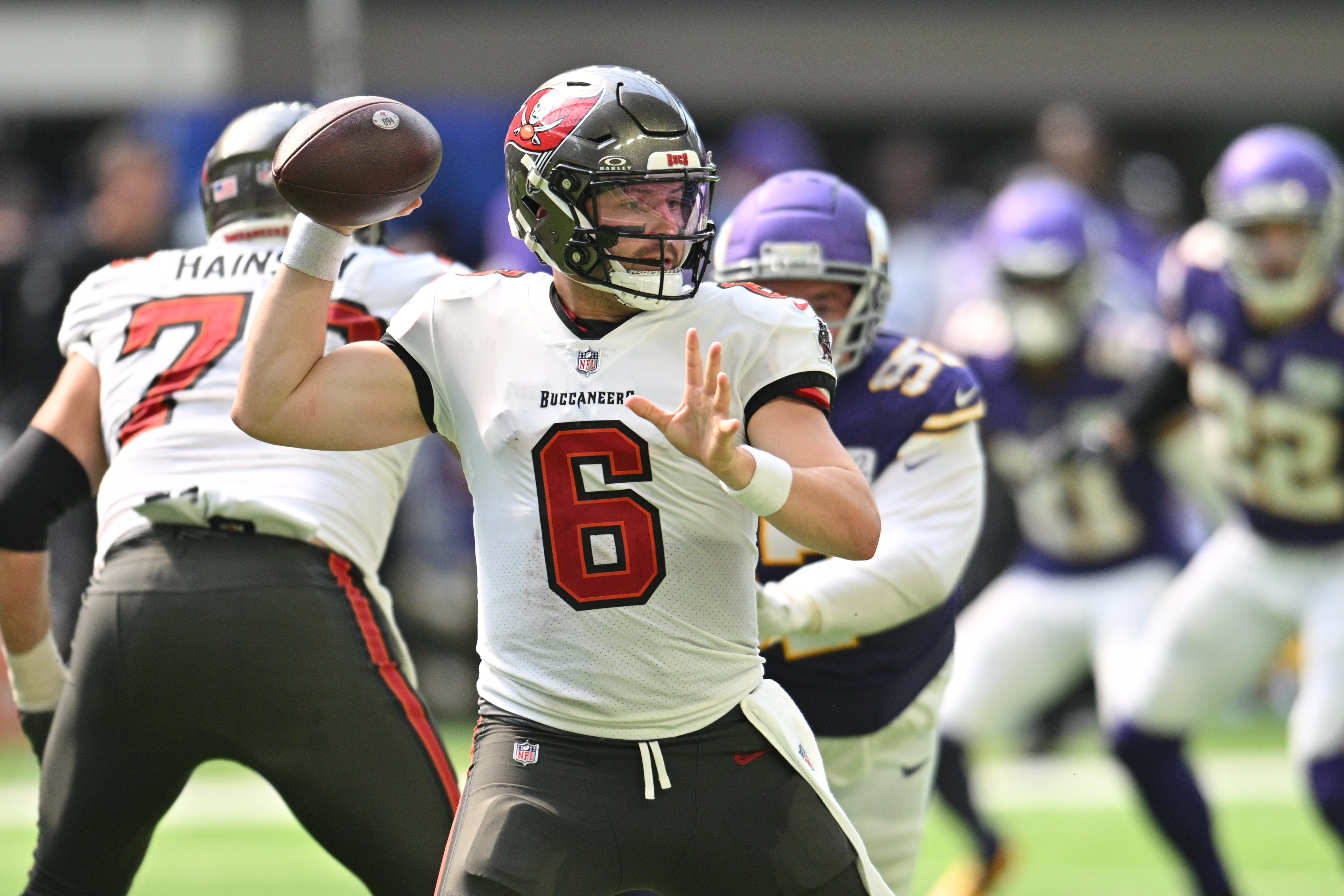 Sep 10, 2023; Minneapolis, Minnesota, USA; Tampa Bay Buccaneers quarterback Baker Mayfield (6) looks to pass during the third quarter against the Minnesota Vikings at U.S. Bank Stadium. Mandatory Credit: Jeffrey Becker-USA TODAY Sports
