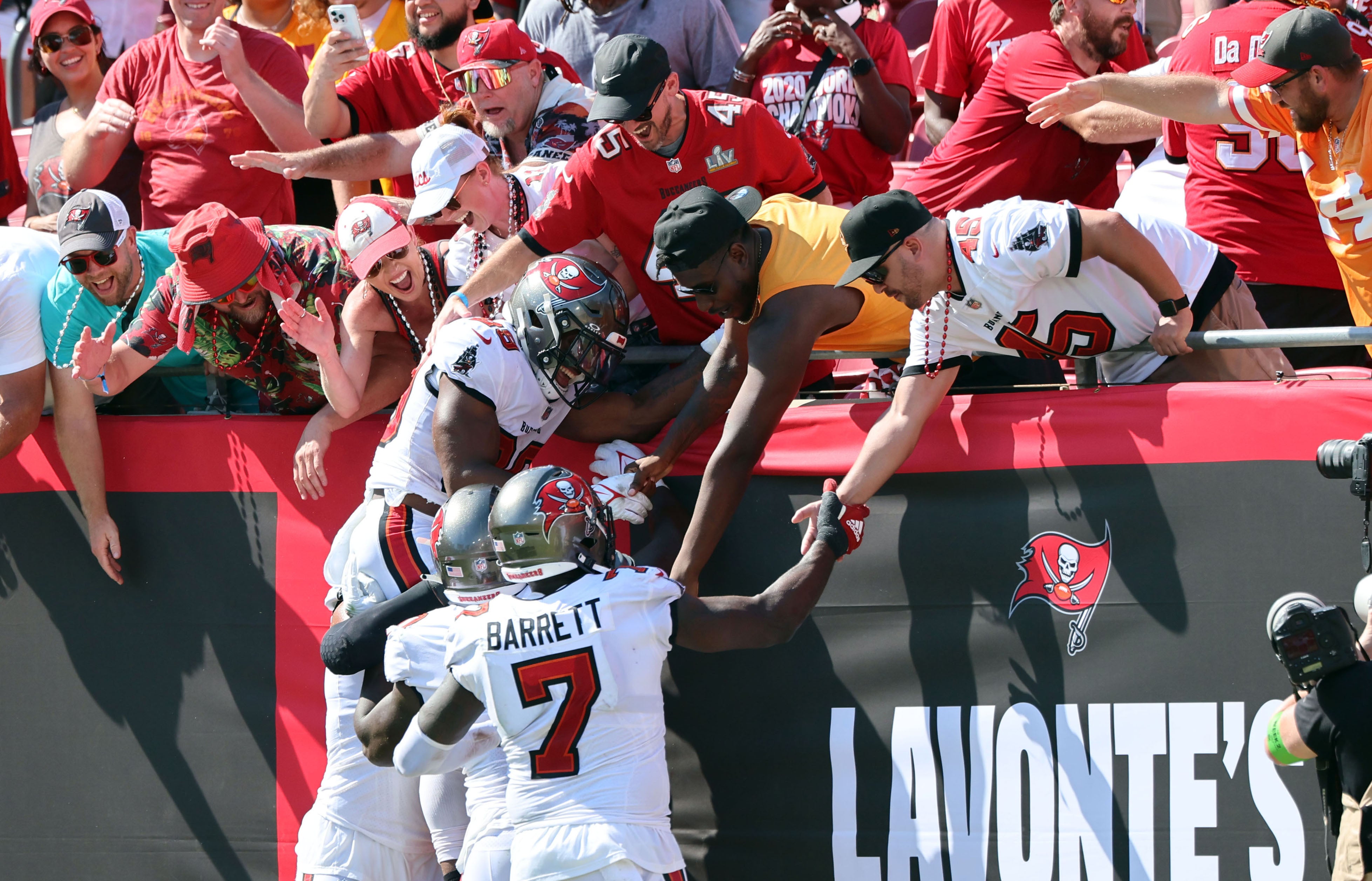 Sep 17, 2023; Tampa, Florida, USA; Tampa Bay Buccaneers safety Christian Izien (29) celebrates with fans after he intercepted a pass against the Chicago Bears during the second half at Raymond James Stadium. Mandatory Credit: Kim Klement Neitzel-USA TODAY Sports