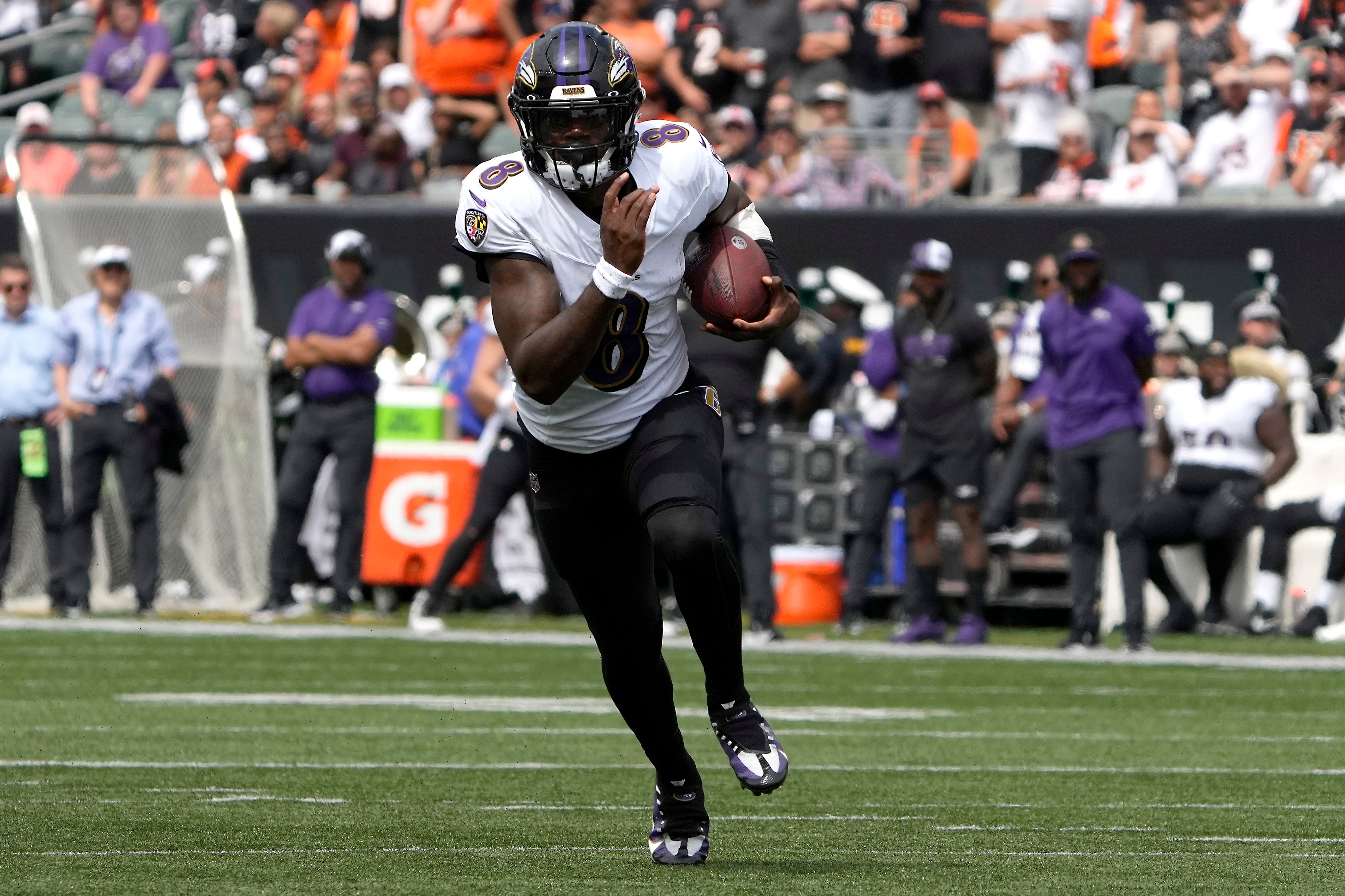 Sep 17, 2023; Cincinnati, Ohio, USA; Baltimore Ravens quarterback Lamar Jackson (8) carries the ball in the second quarter against the Cincinnati Bengals at Paycor Stadium. Mandatory Credit: Cara Owsley-USA TODAY Sports