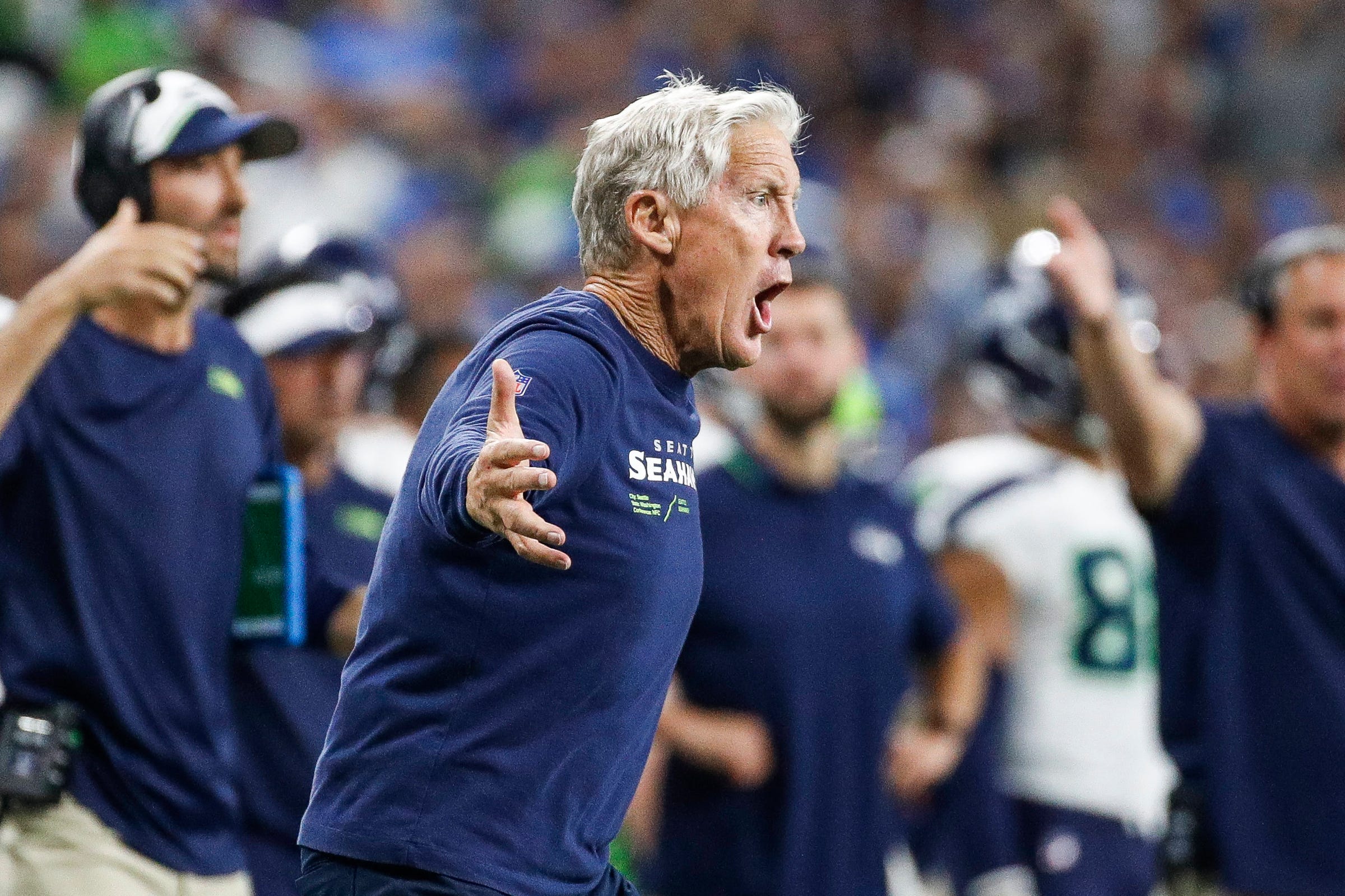 Seattle Seahawks head coach Pete Carroll reacts to a play against Detroit Lions during the second half at Ford Field in Detroit on Sunday, Sept. 17, 2023.