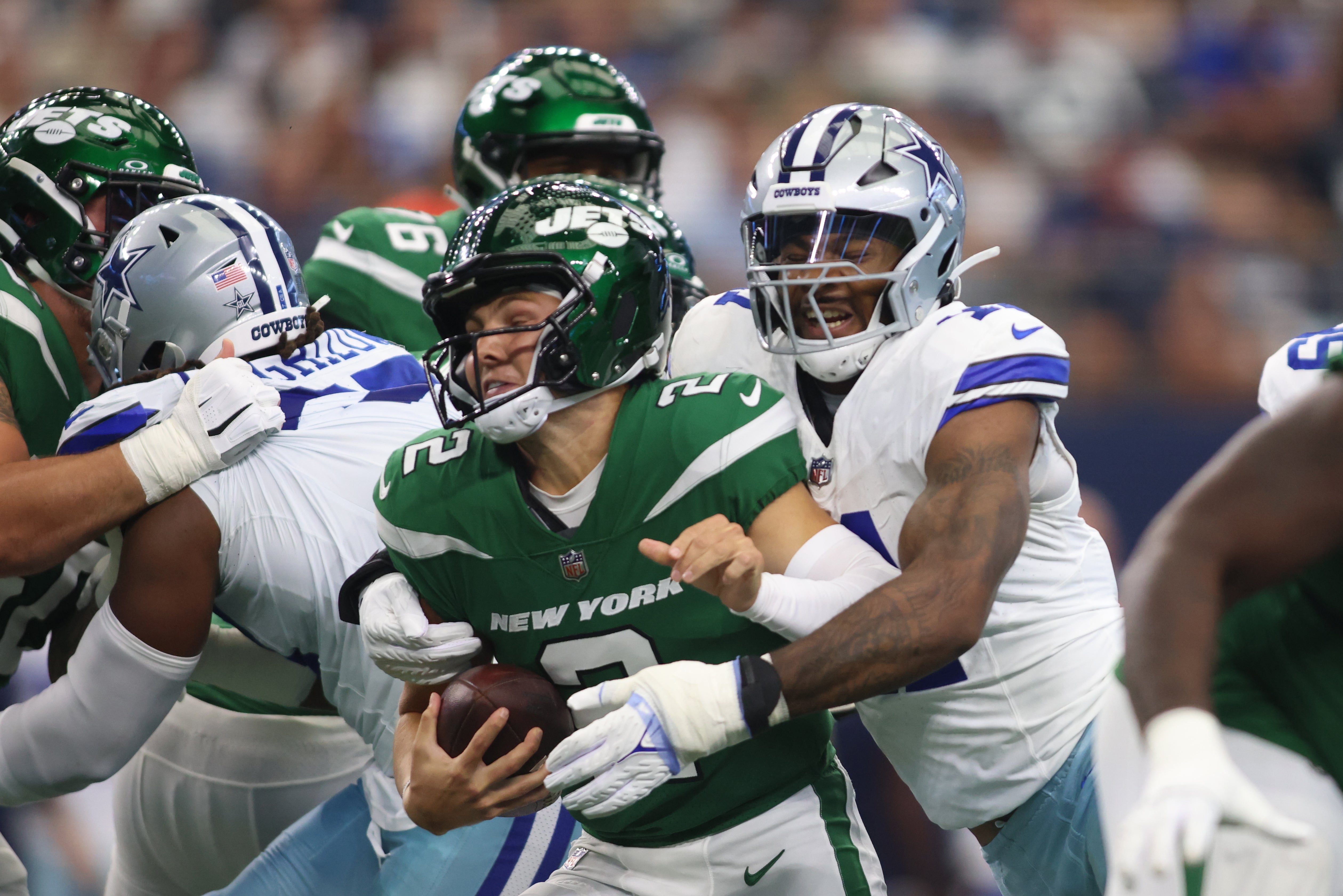 New York Jets quarterback Zach Wilson (2) is sacked by Dallas Cowboys linebacker Micah Parsons (11) in the first quarter at AT&T Stadium. Mandatory Credit: Tim Heitman-USA TODAY Sports