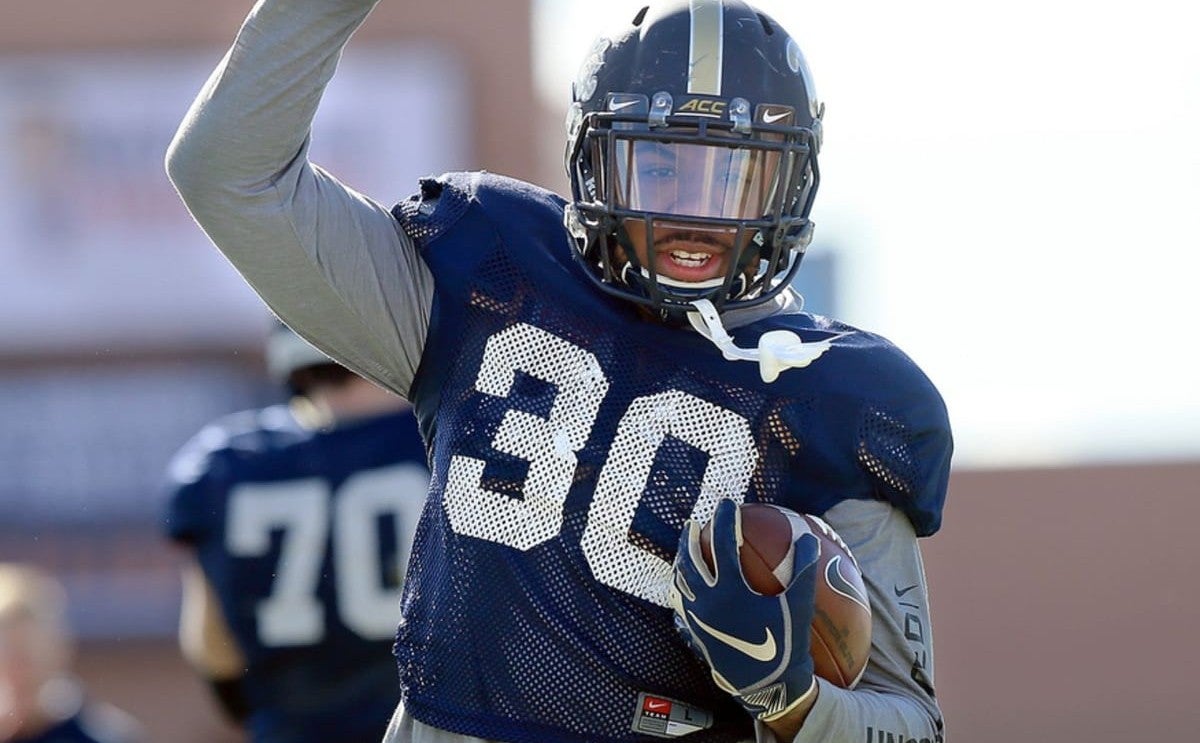 Pitt running back Qadree Ollison celebrates a touchdown in practice Thursday at the SAC. 8 Pitt Practice  