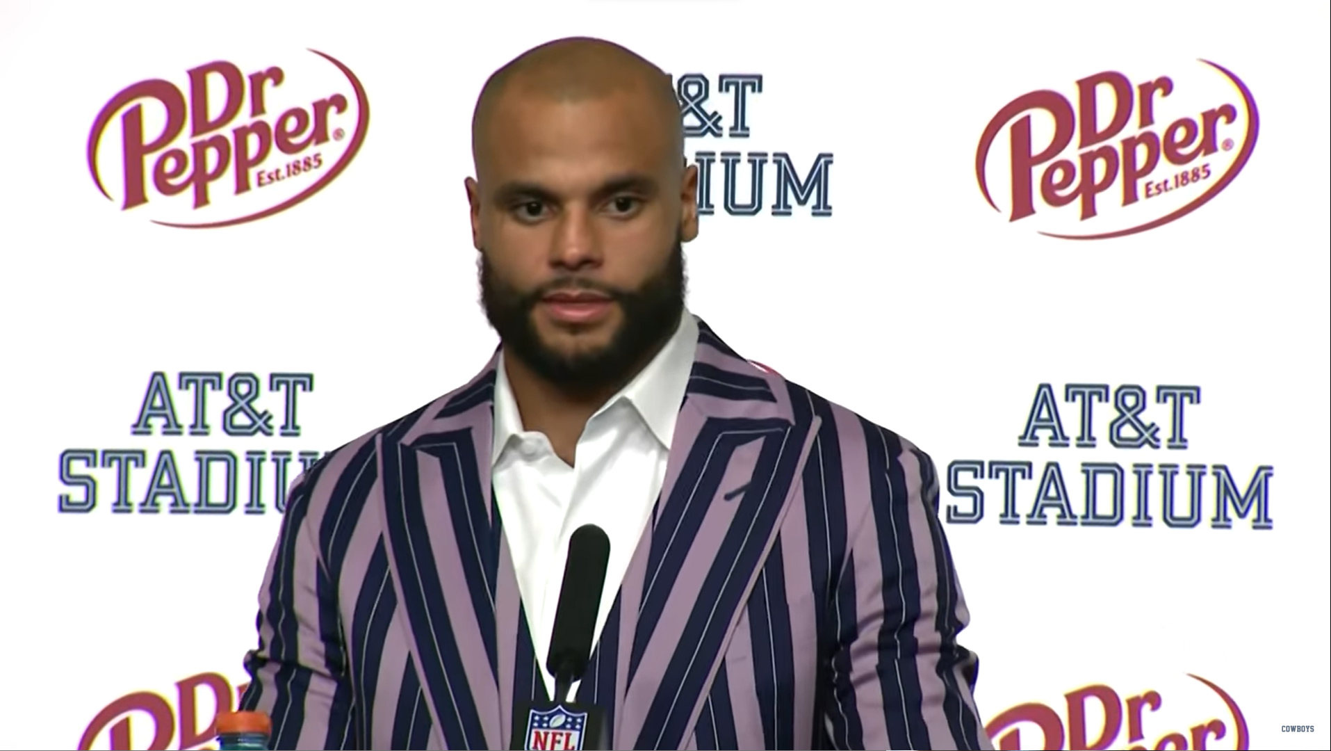 Dallas Cowboys quarterback Dak Prescott talks to the media after team's win over the New York Jets in Week 2.