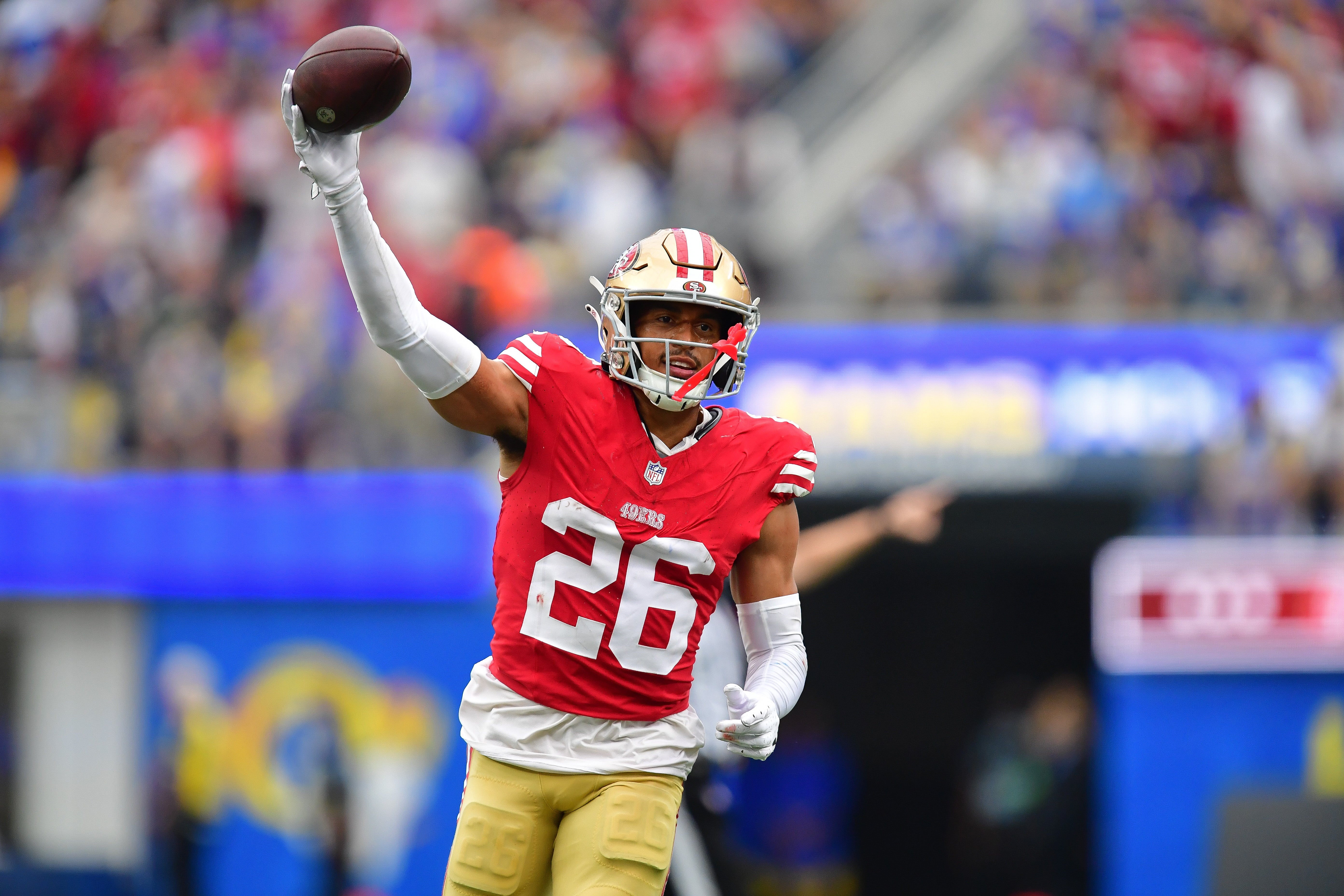 Sep 17, 2023; Inglewood, California, USA; San Francisco 49ers cornerback Isaiah Oliver (26) celebrates after recovering a fumble against the Los Angeles Rams during the second half at SoFi Stadium. Mandatory Credit: Gary A. Vasquez-USA TODAY Sports