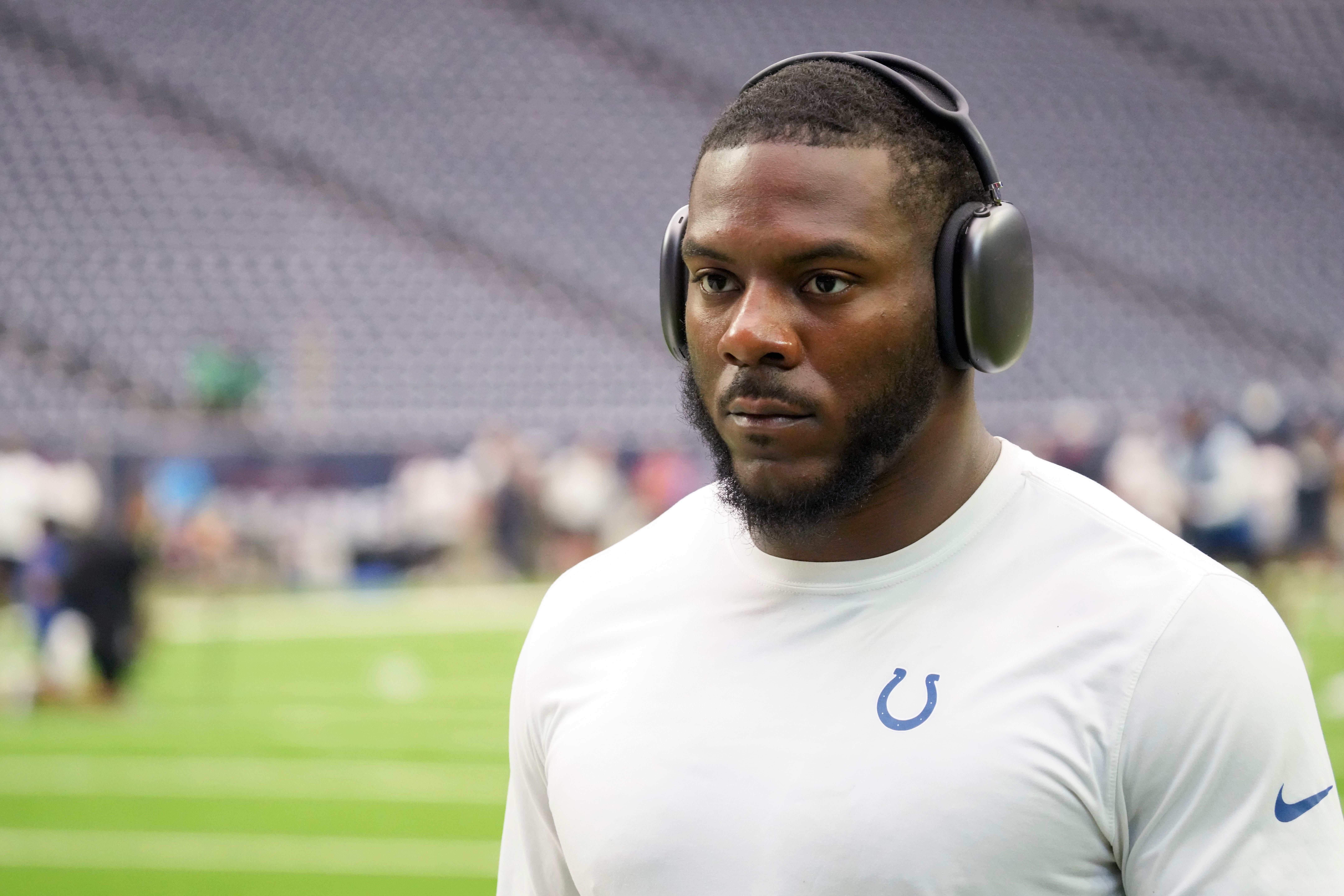 Indianapolis Colts linebacker Zaire Franklin (44) walks the field Sunday, Sept. 17, 2023, before a game against the Houston Texans at NRG Stadium in Houston