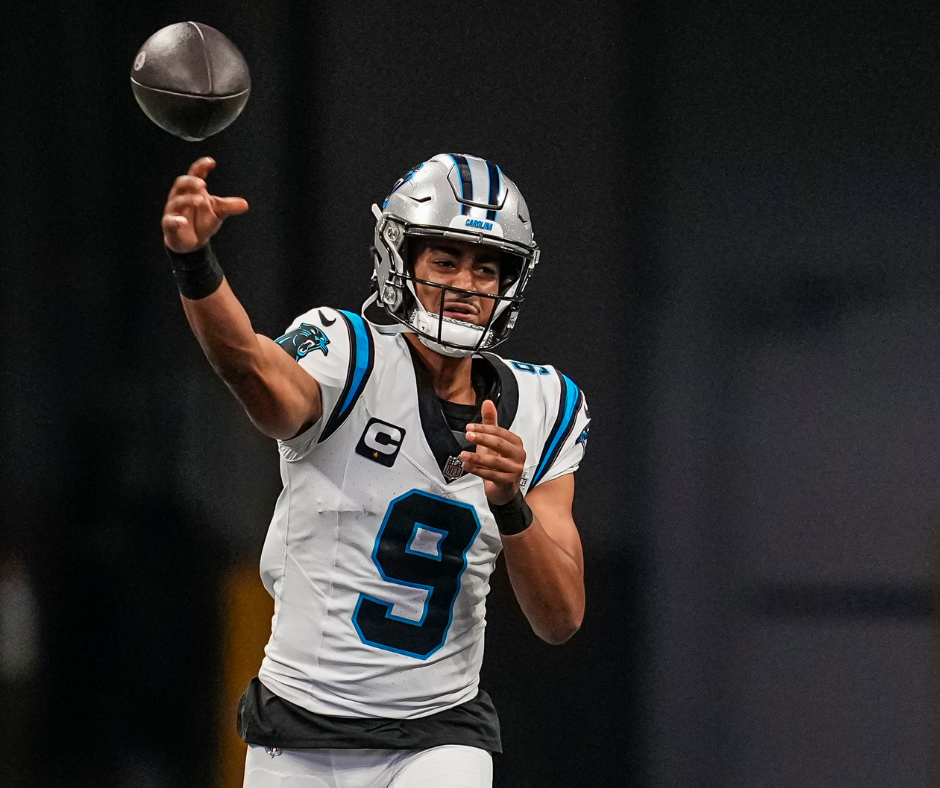 Sep 10, 2023; Atlanta, Georgia, USA; Carolina Panthers quarterback Bryce Young (9) throws the ball against the Atlanta Falcons during the first half at Mercedes-Benz Stadium. Mandatory Credit: Dale Zanine-USA TODAY Sports.
